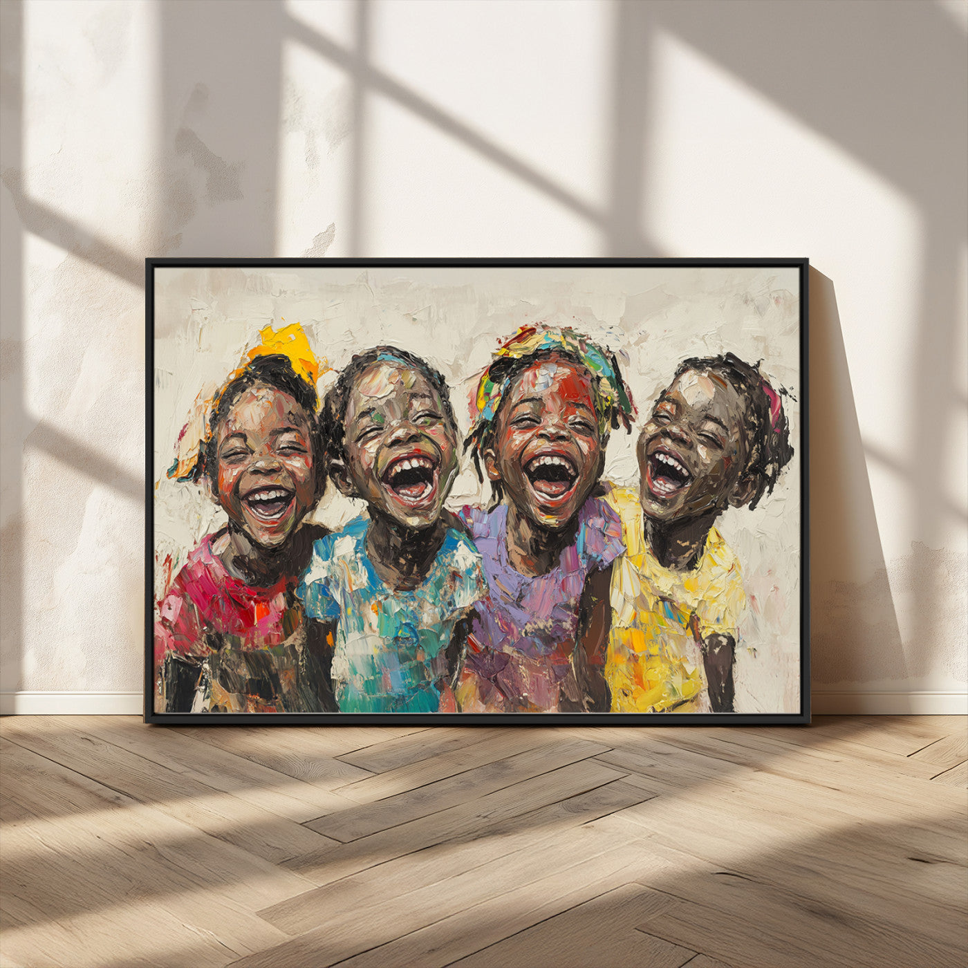 93034-MGV-CV-36X24-Shai Yossef style Joyful Childhood Canvas Wall Art - Expressive Impasto Painting of Black Children