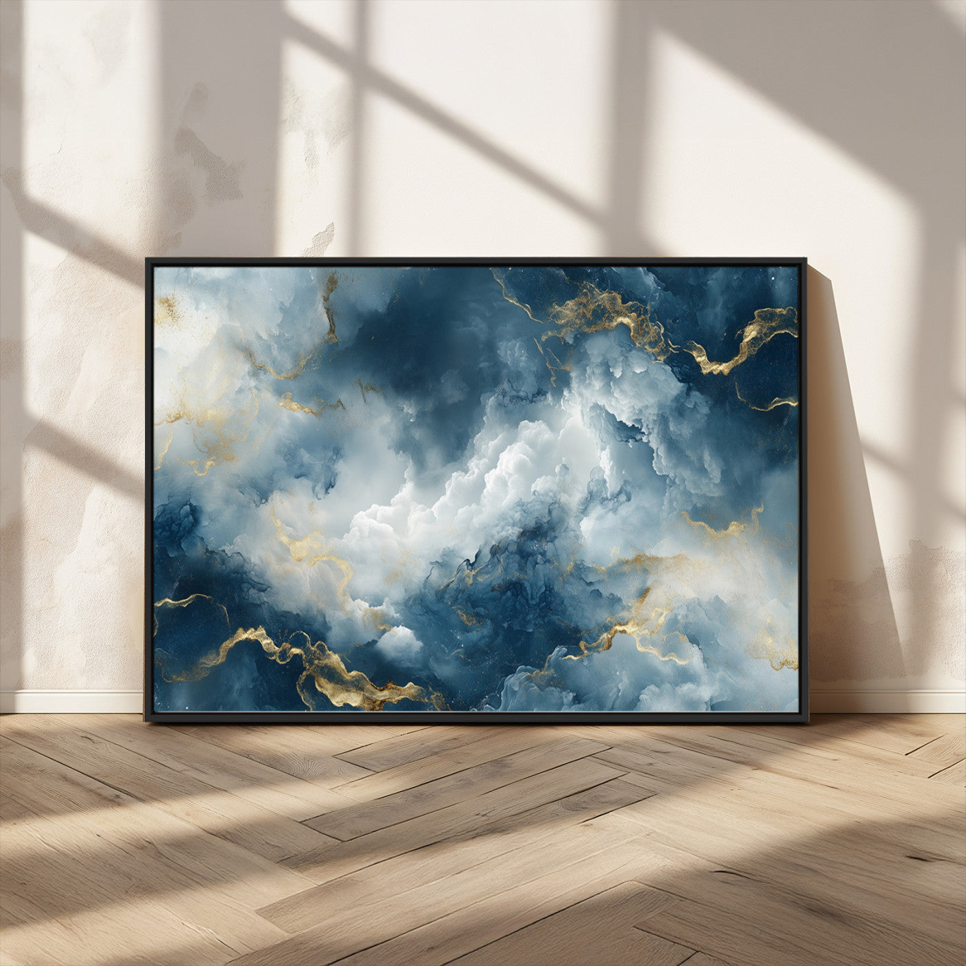 48298-MGV-FC-36X24_Black-Large Abstract Print - Luxe Blue and Gold Abstract Canvas Wall Art - Bold Cloudscape Canvas for