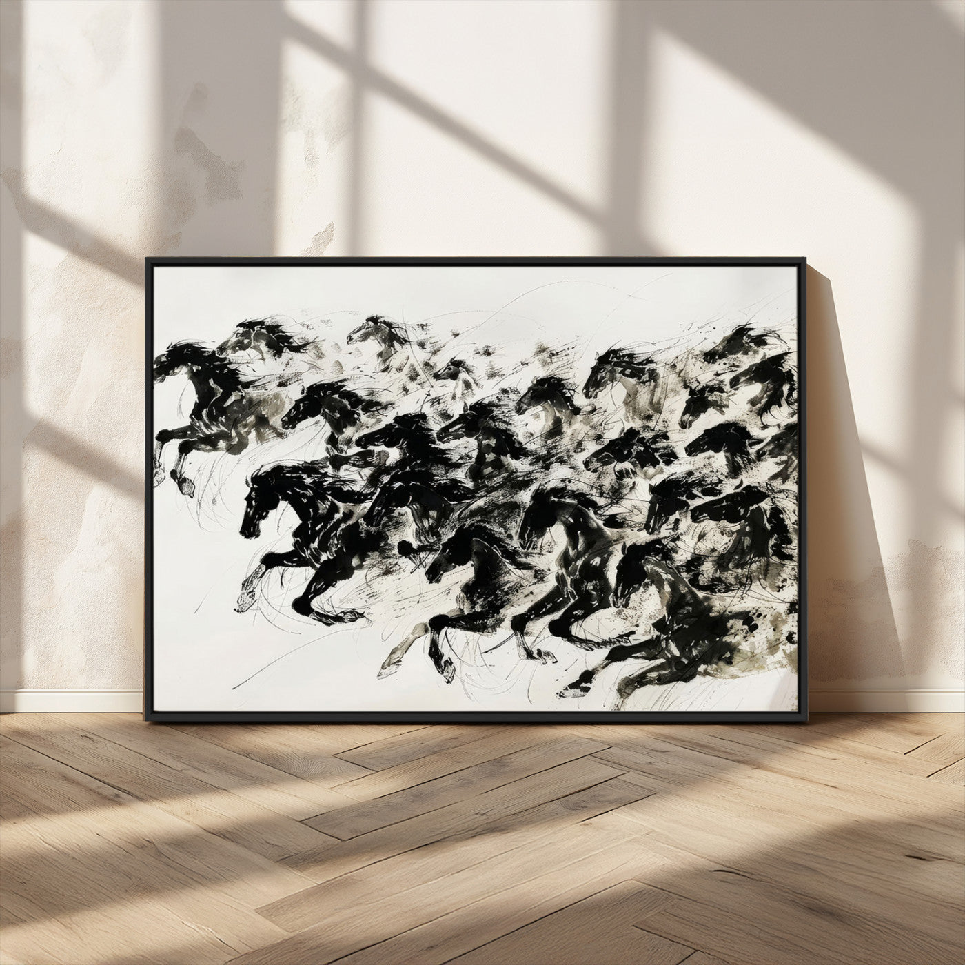 23069-MGV-CV-36X24-Abstract Horse Wall Art Canvas Print - Dynamic Black Ink Horse Print - Modern Equine Wall Decor for