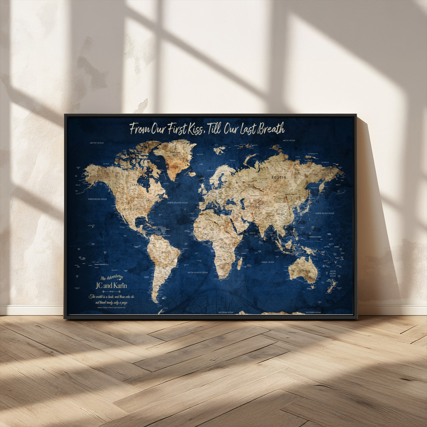 -Personalized Push Pin World Map Canvas Print – Custom Couple Travel Tracker Wall Art, Framed Anniversary Gift for Home Decor