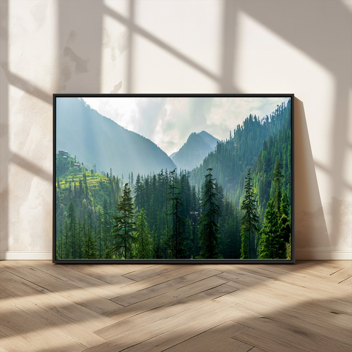 83417191-MGV-FC-36X24_Black-Misty Forest Mountain Wall Art Canvas Print – Framed Serene Nature Scene with Tranquil Valley Artwork for Home, Office