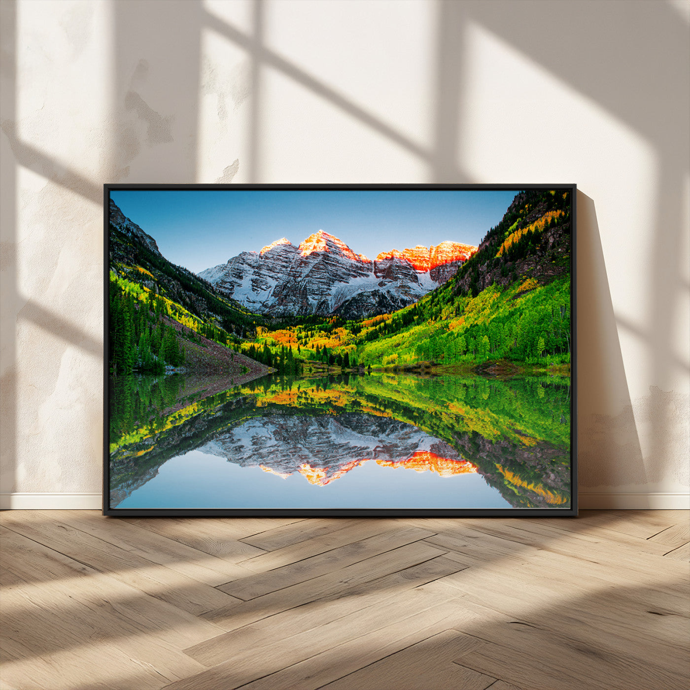 17996974-MGV-CV-36X24-Sunrise Maroon Bells Lake Wall Art Canvas Print – Framed Elk Mountains Landscape Artwork for Home, Office