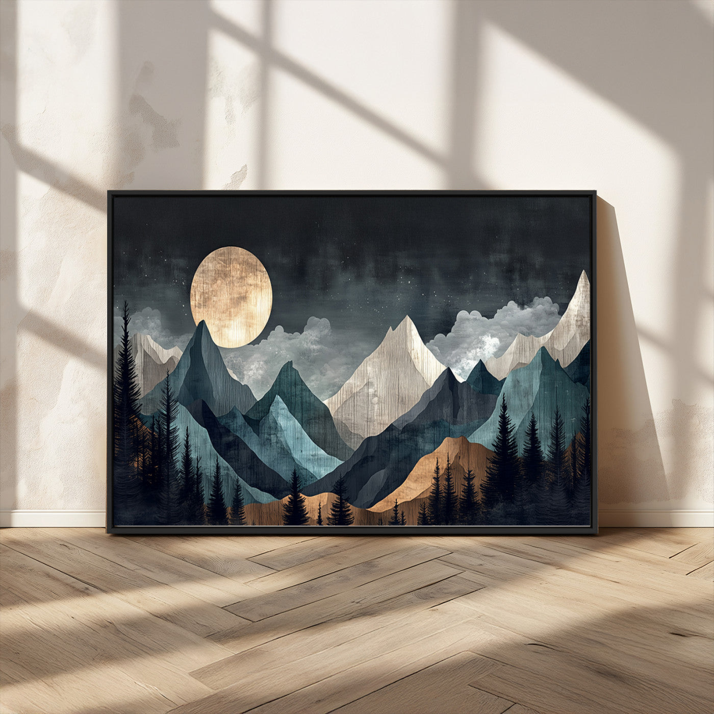 11060882-MGV-CV-36X24-Moonlit Mountain Wall Art Canvas Print – Silhouetted Pines Layered Peaks Tranquil Sky Mist Silver Light Nature Artwork for Home