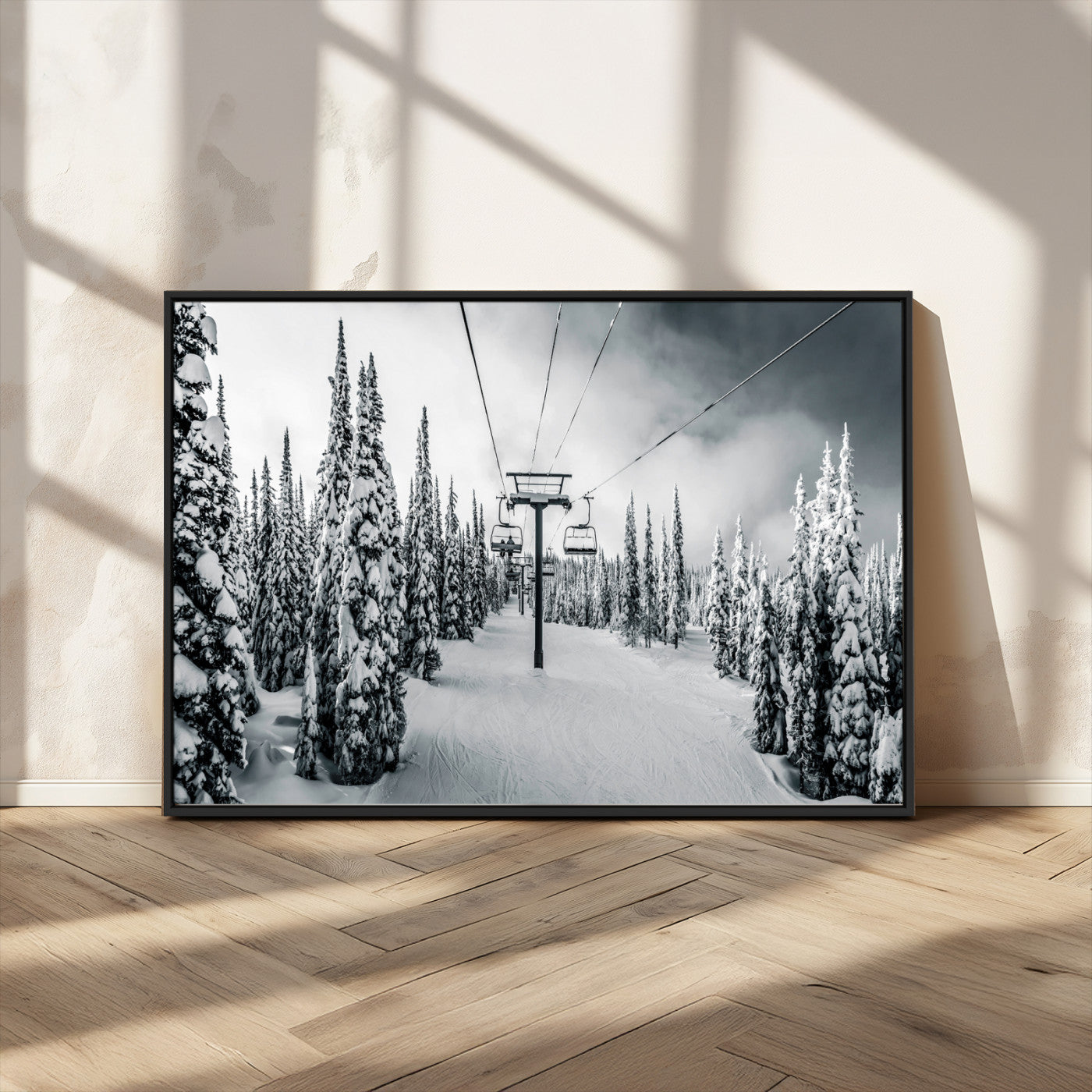 31156828-MGV-CV-36X24-Snowy Pines Wall Art Canvas Print – Framed Ski Lift Winter Forest Snowy Landscape Moody Lodge Artwork for Home, Office