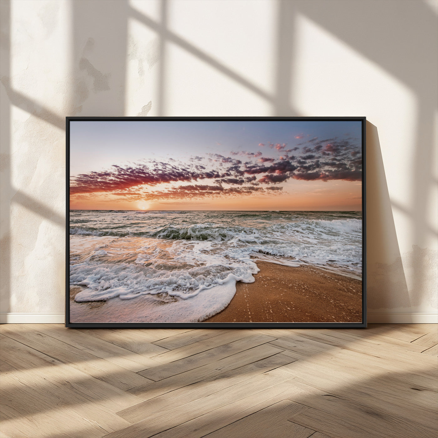 39846389-MGV-CV-36X24-Ocean Sunset Wall Art Canvas Print – Framed Sandy Shore Gentle Waves Coastal Landscape Minimalist Artwork for Home, Office