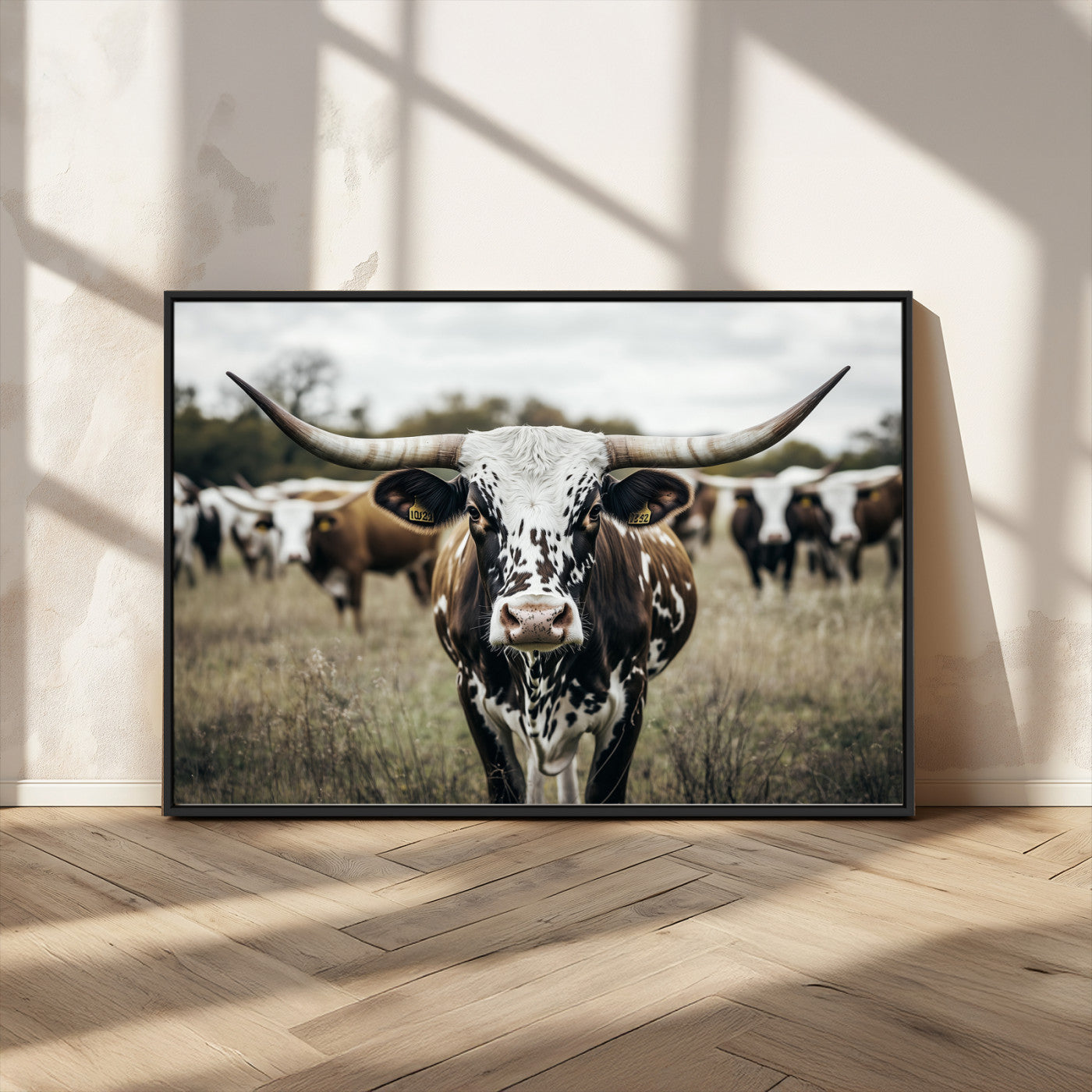 MGV-FC-36X24 - Majestic Longhorn Cow Wall Art – Canvas Print of Intricate Fur & Sharp Horns Earthy Tones Serene Landscape, Rustic Charm Decor for Living Room, Office or Bedroom