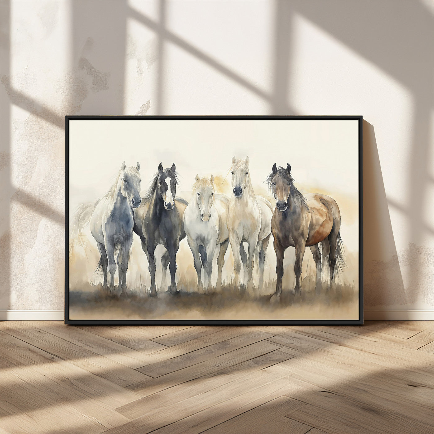 MGV-FC-36X24 - Wild Horses Wall Art Canvas Print, Framed Running Horses Art Picture Print, Watercolor Horses Perfect Rustic Western Decor Artwork