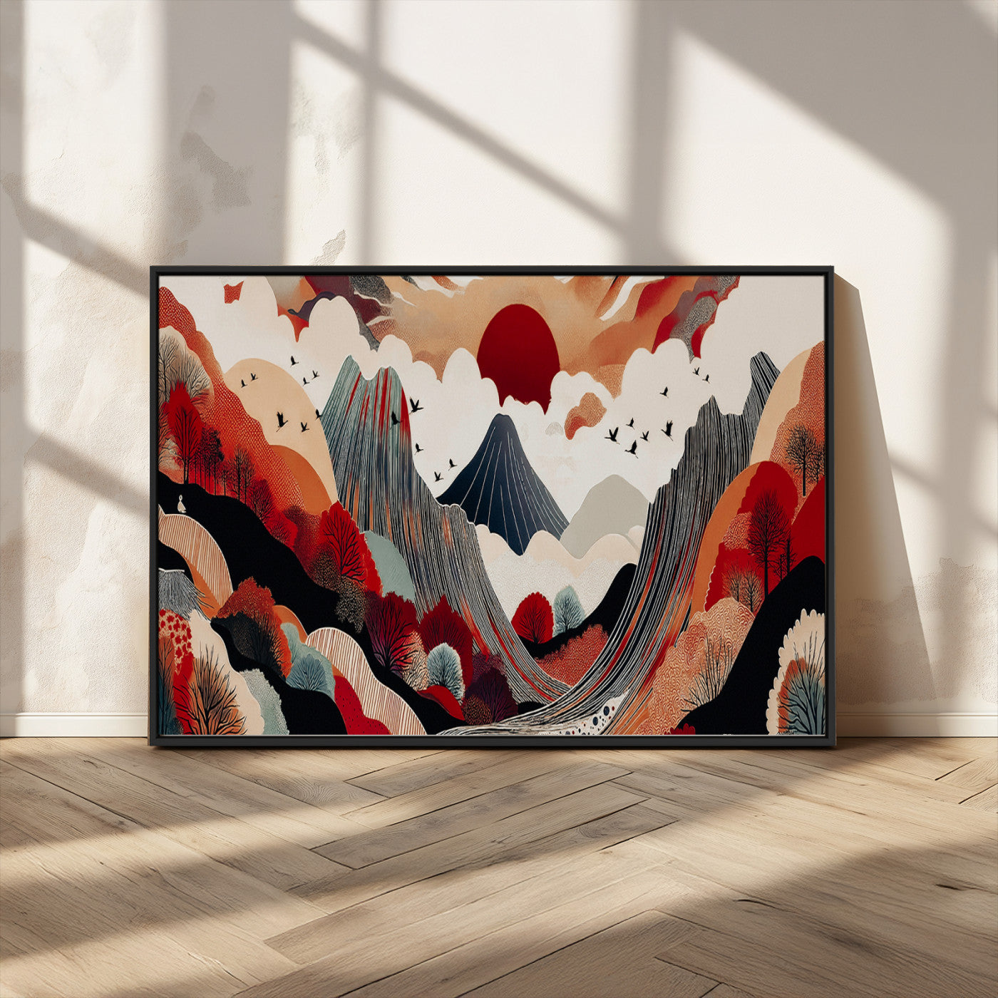 49034575-MGV-CV-36X24-Abstract Mountain Wall Art Canvas Print – Vibrant Stylized Landscape Colorful Peaks Nature Artwork for Home Office