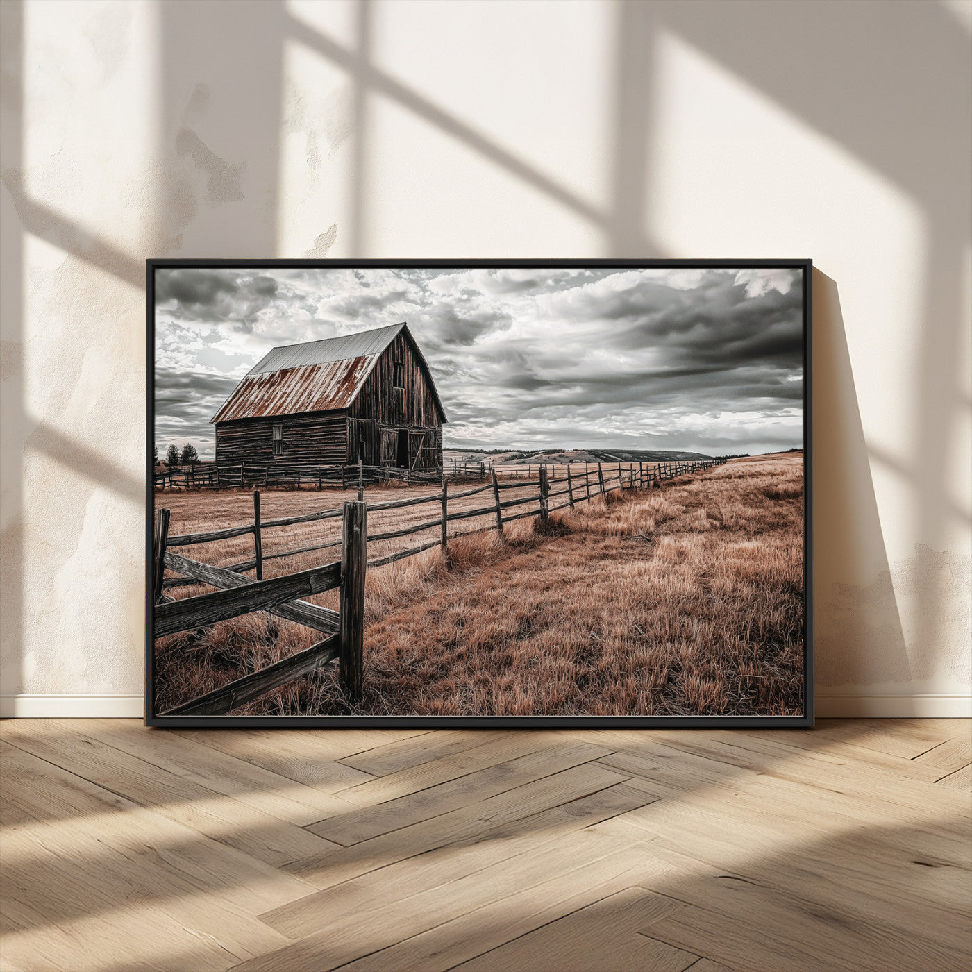 73898372-MGV-FC-36X24_Black-Rustic Barn Wall Art Canvas Print – Framed Moody Field Scene with Weathered Fence Artwork for Home, Office, Living Room