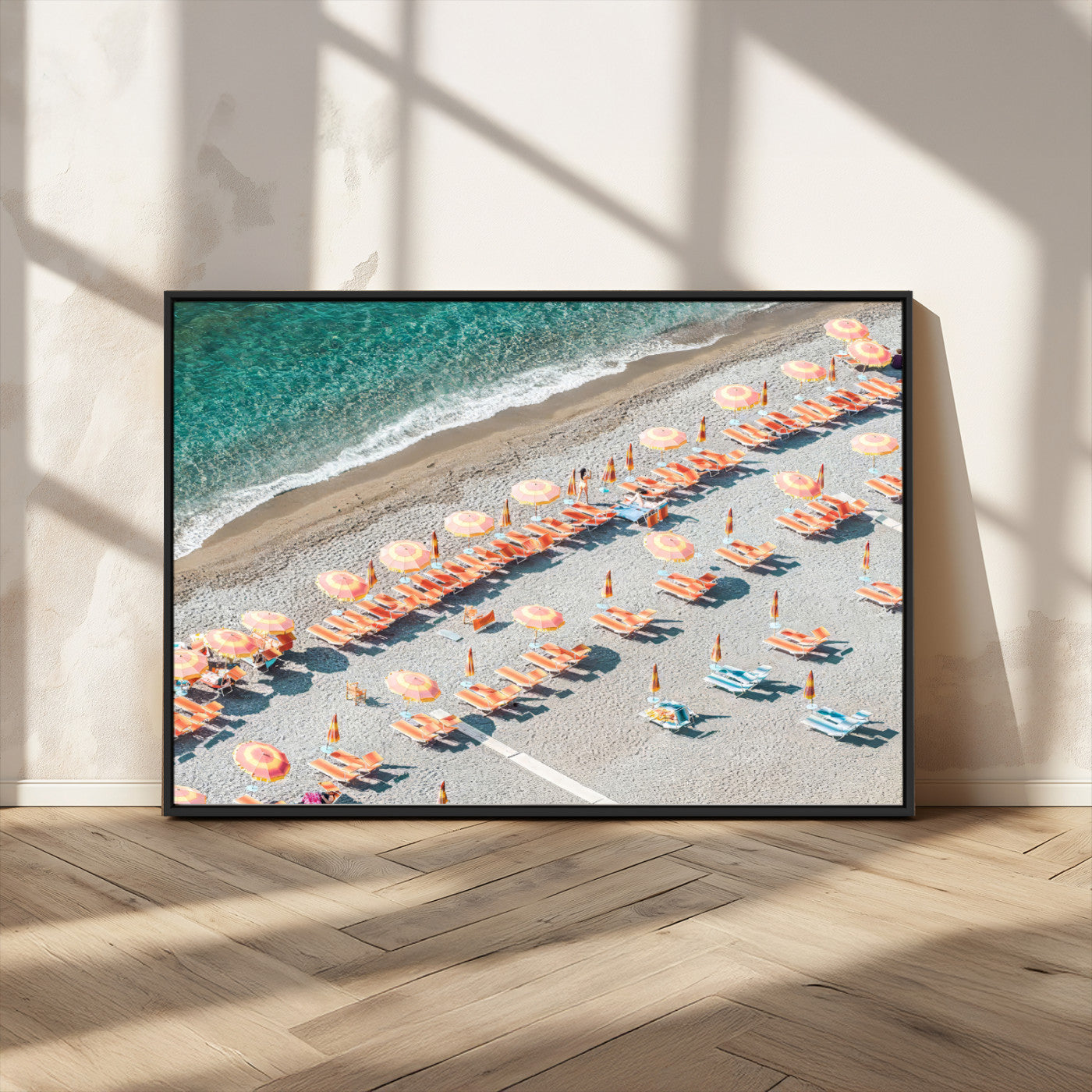 27805351-MGV-CV-36X24 - Beach Umbrellas Wall Art – Orange Loungers & Turquoise Water Canvas Print, Sandy Shore and Summer Vibes