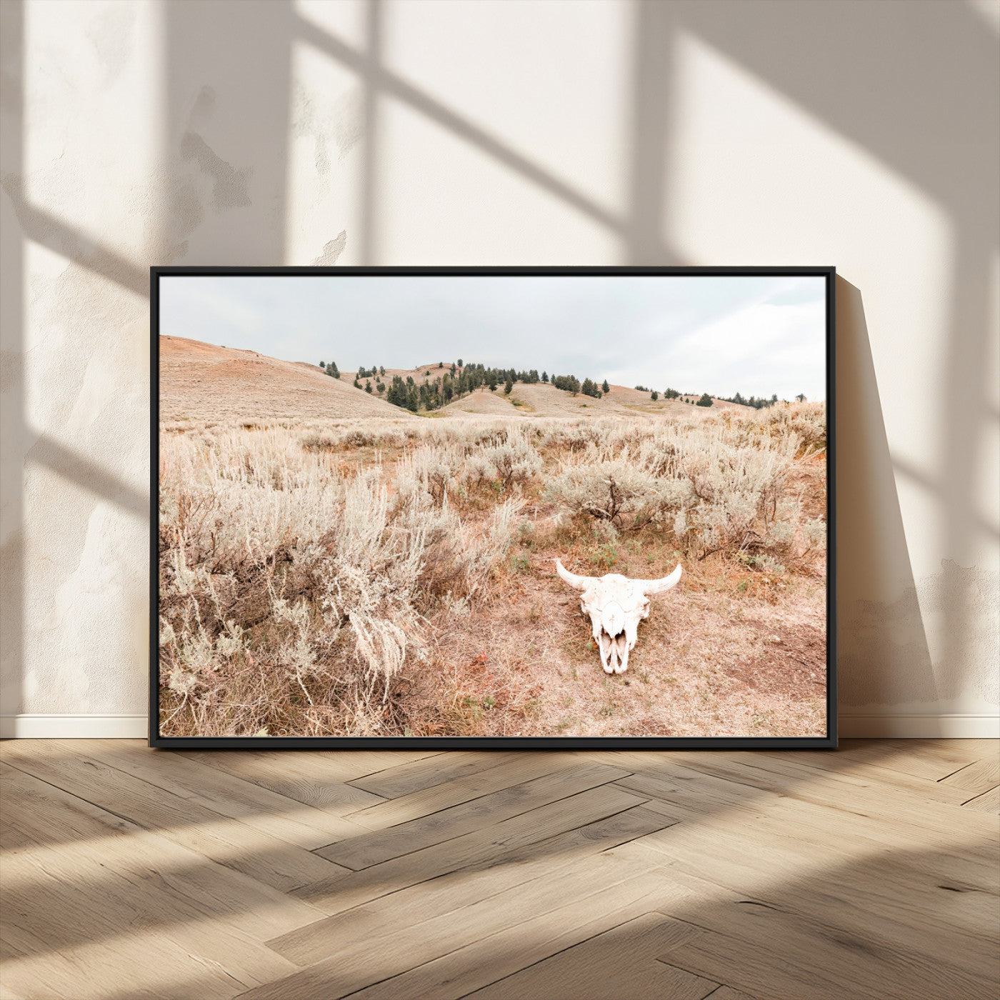 97234735-MGV-CV-36X24 - Desert Skull Wall Art – Arid Landscape & Sagebrush Canvas Print, Rustic Nature and Earth Tones for Living Room or Minimalist Decor