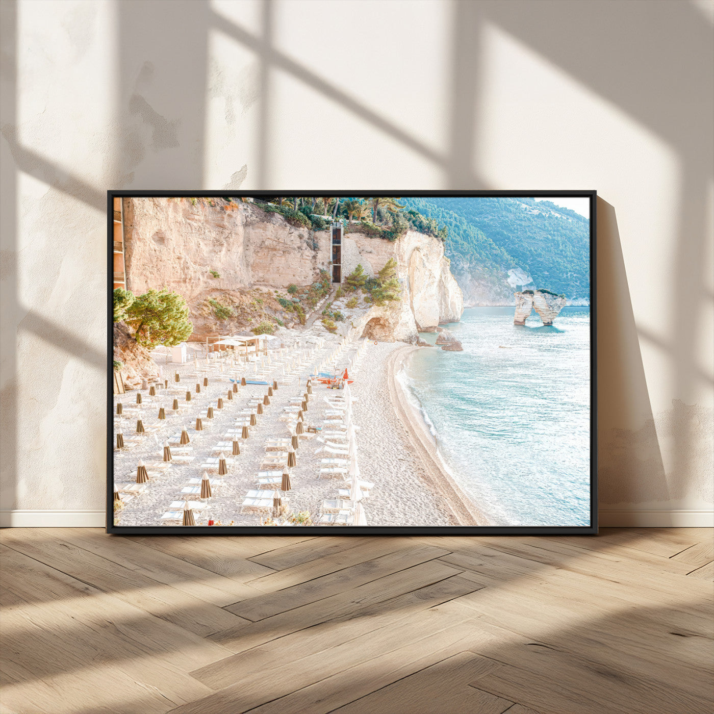 84816639-MGV-CV-36X24 - Sunny Beach Wall Art – Chairs & Umbrellas Canvas Print, Clear Water, Rocky Cliffs, Coastal Calm for Living Room or Vacation Home Decor