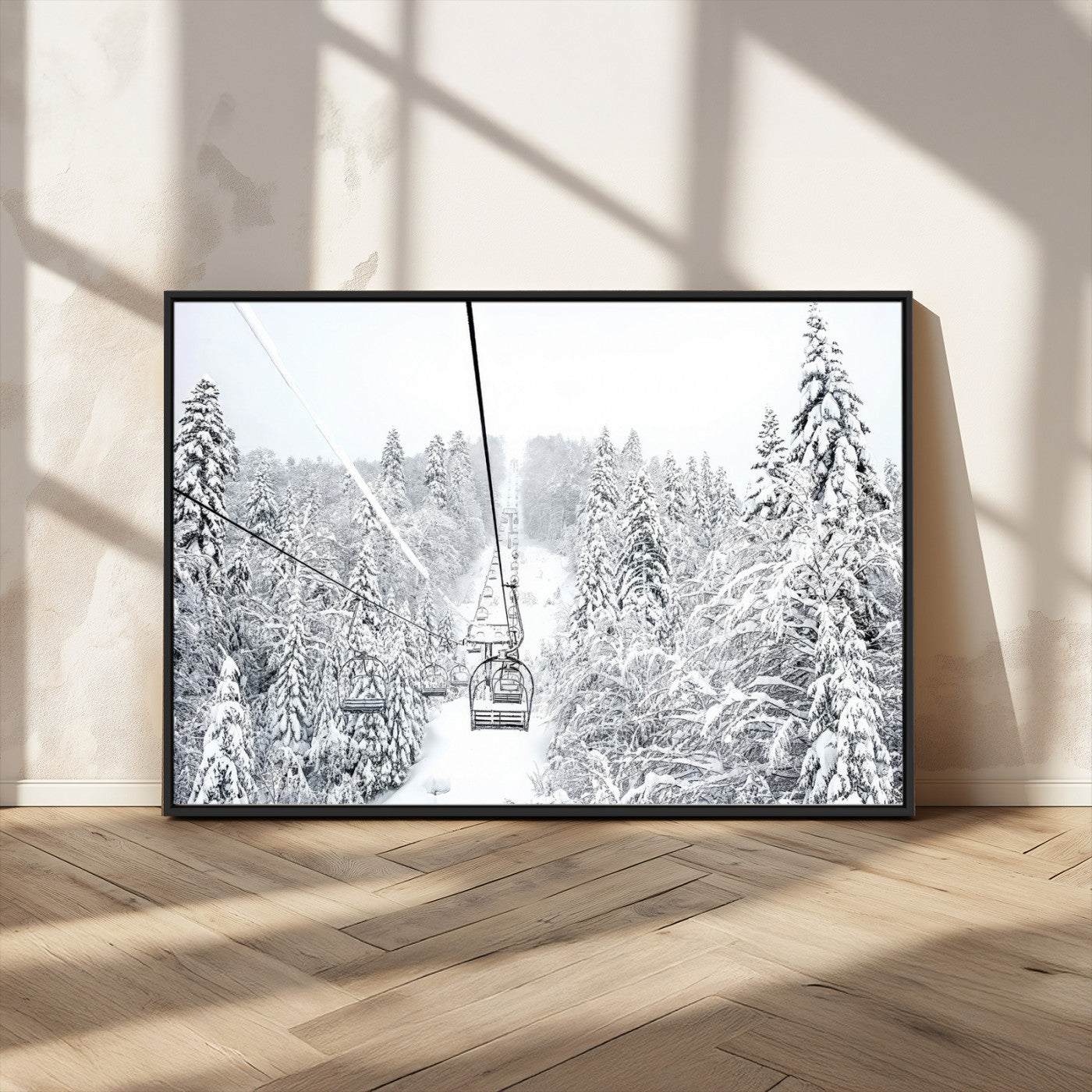 44705668-MGV-CV-36X24-Snowy Ski Lift Wall Art – Framed Winter Mountain Canvas Artwork, Serene Forest Design, Modern Nature Decor for Home, Office