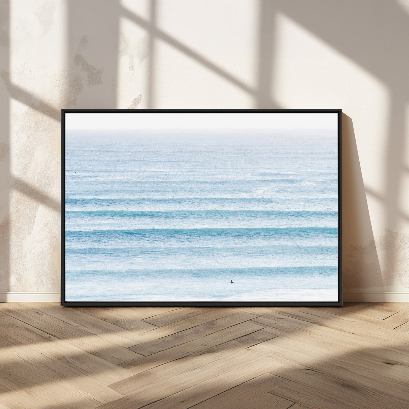 77145995-MGV-CV-36X24-Ocean Wave Surfer Wall Art – Framed Minimal Seascape Canvas Artwork, Calm Blue Water Design, Coastal Decor for Home, Office
