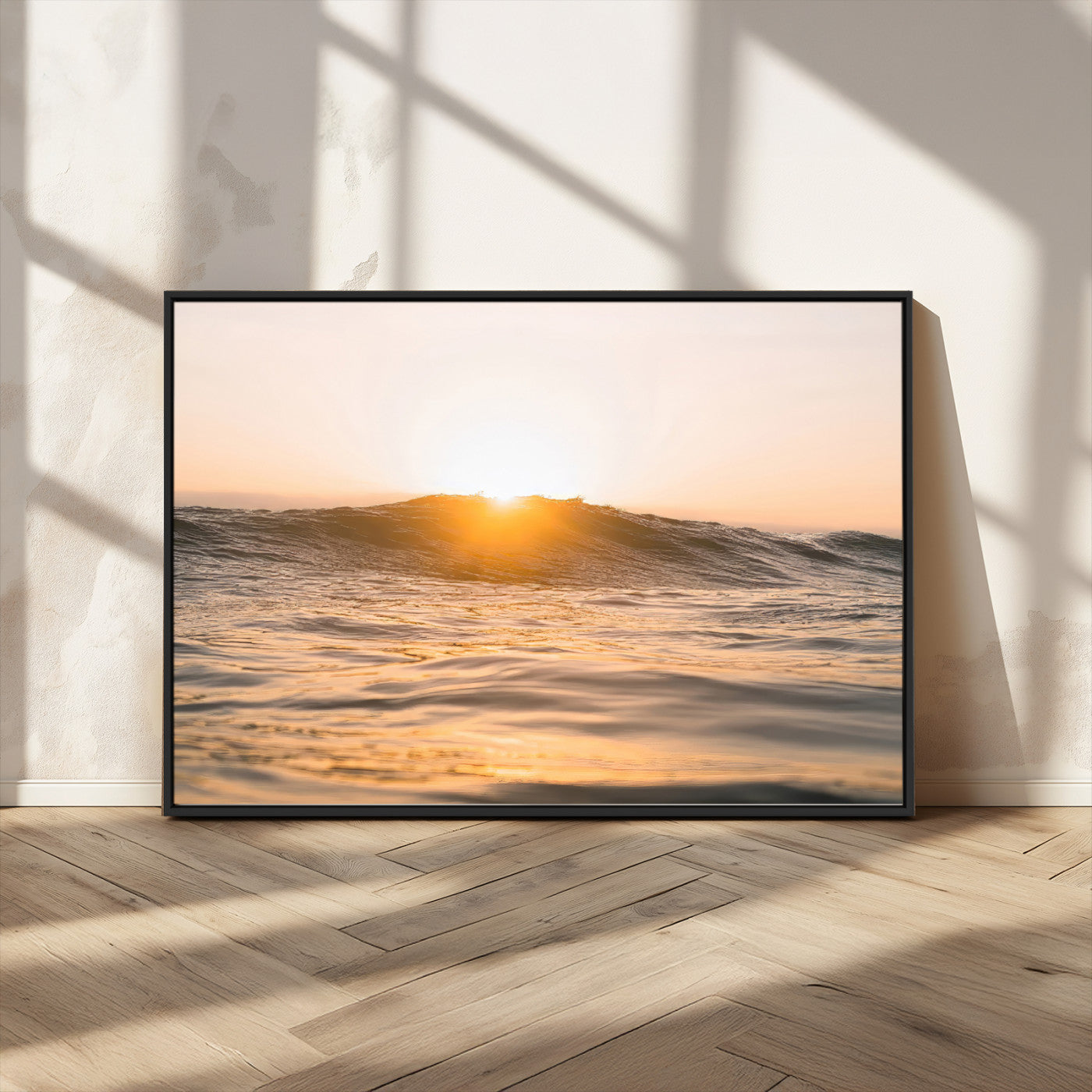 16973771-MGV-CV-36X24-Calm Water Wall Art – Framed Sunset Waves Canvas Artwork, Coastal Warm Design, Minimal Ocean Decor for Home, Office