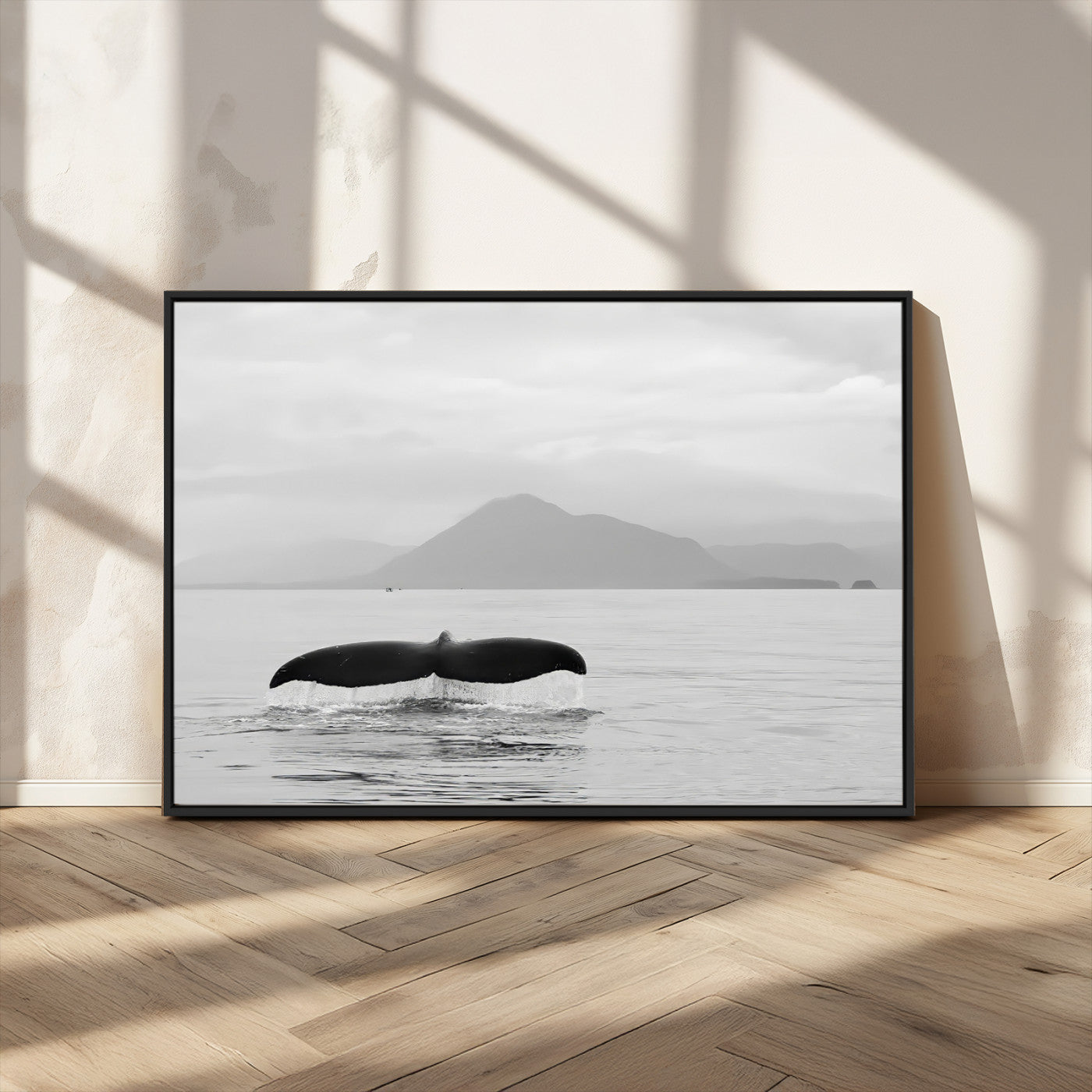 MGV-FC-36X24 - Whale Tail Wall Art Canvas Print, Framed Black White Ocean Art Picture Print, Calm Marine Perfect Minimalist Coastal Decor Artwork