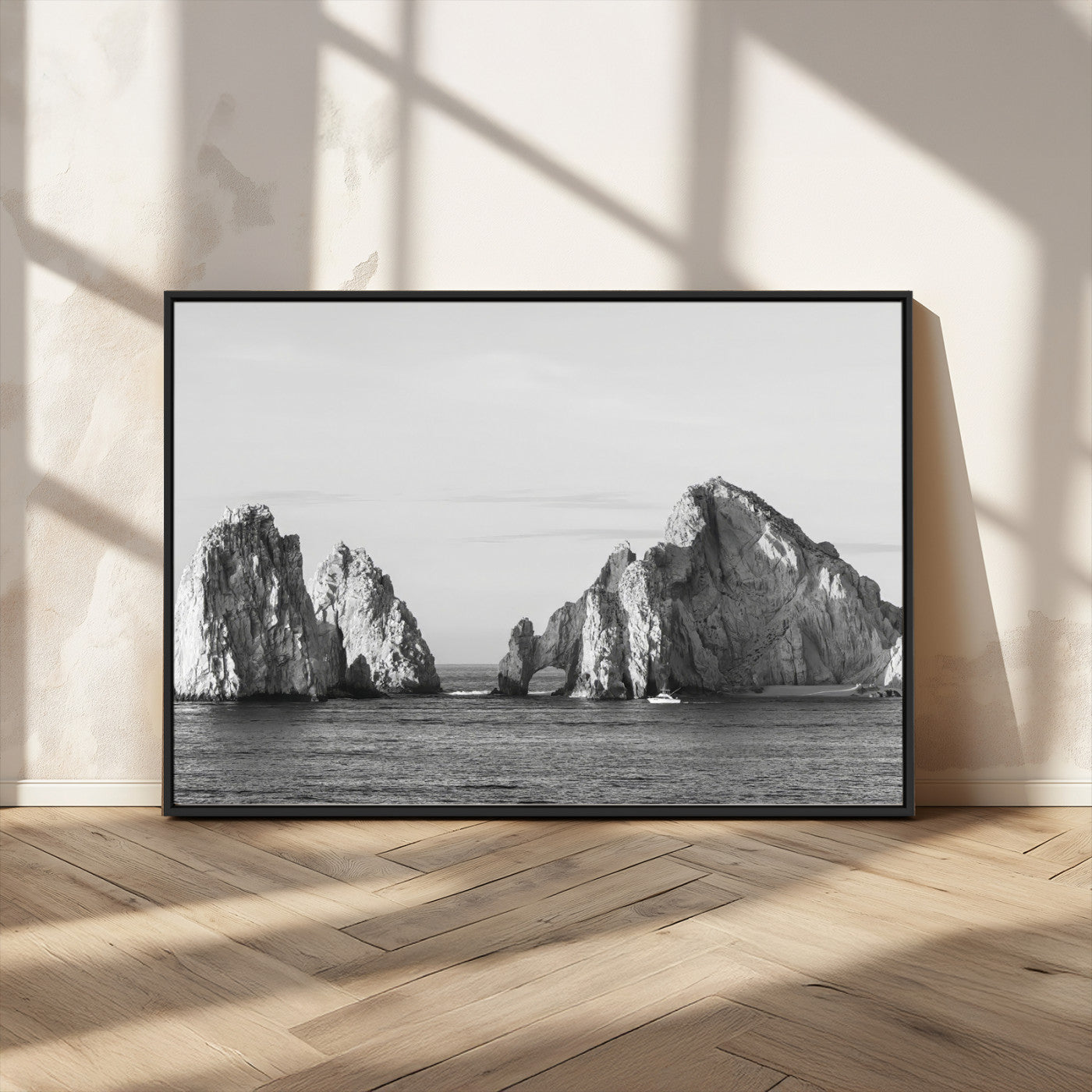 MGV-FC-36X24 - Rugged Coastline Wall Art Canvas Print, Framed Ocean Cliffs Art Picture Print, Monochrome Seascape Perfect Coastal Minimalist Decor Artwork