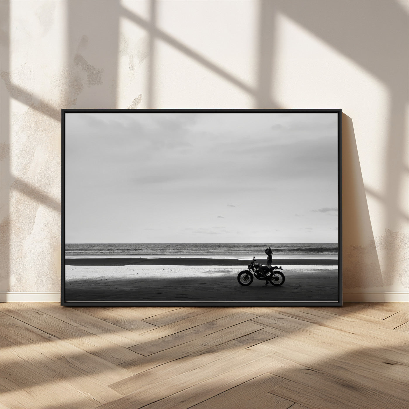 84739358-MGV-CV-36X24-Motorcycle Beach Wall Art Canvas Print – Framed Vintage Motorcycle Scene with Biker Silhouette Artwork for Home, Office