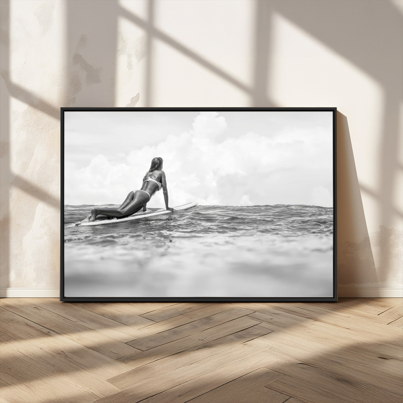 69798068-MGV-FC-36X24_Black-Black and White Surfing Wall Art Canvas Print – Framed Ocean Horizon with Surfer Girl Coastal Adventure Artwork for Home, Office