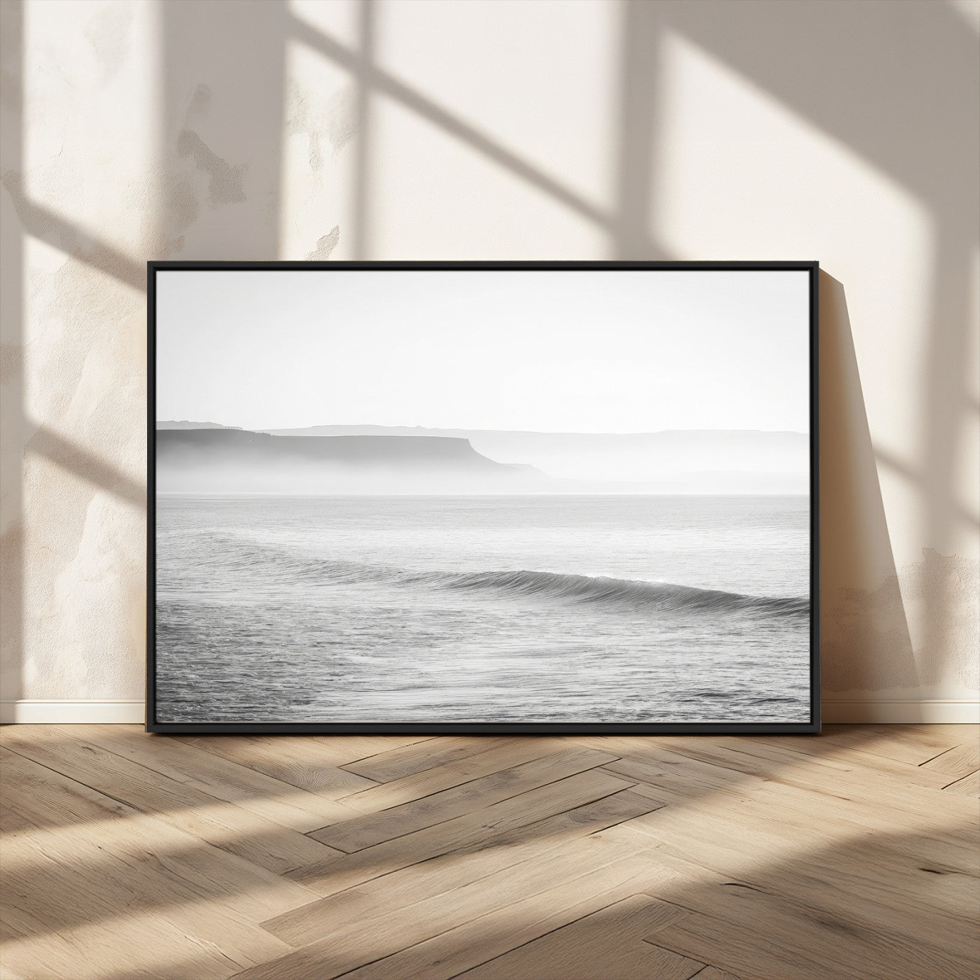 MGV-FC-36X24 - Black White Seascape Wall Art Canvas Print, Framed Ocean Waves Art Picture Print, Misty Coastal Perfect Minimalist Coastal Decor Artwork