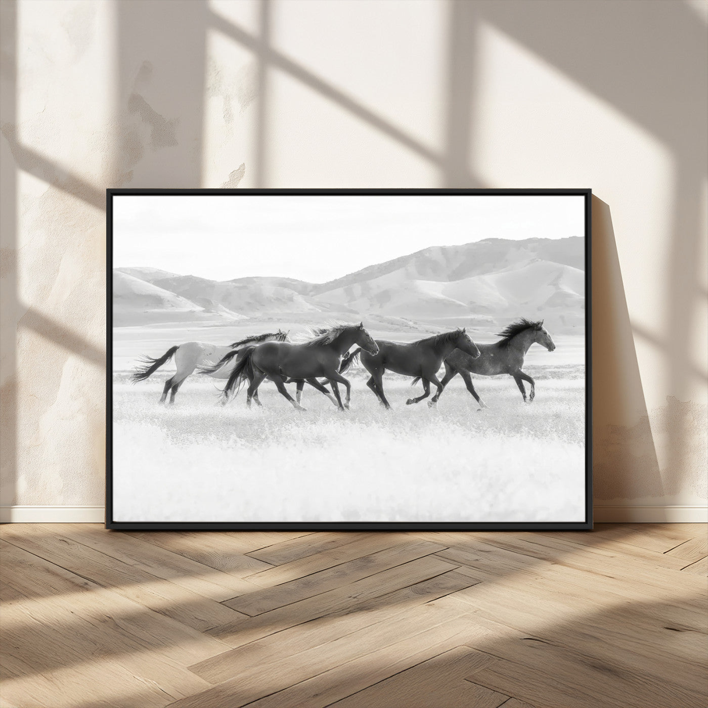 MGV-FC-36X24 - Wild Horses Wall Art – Black & White Canvas Print of Herd Running, Nature in Motion, Freedom & Beauty Decor for Guest Room, Office or Living Room