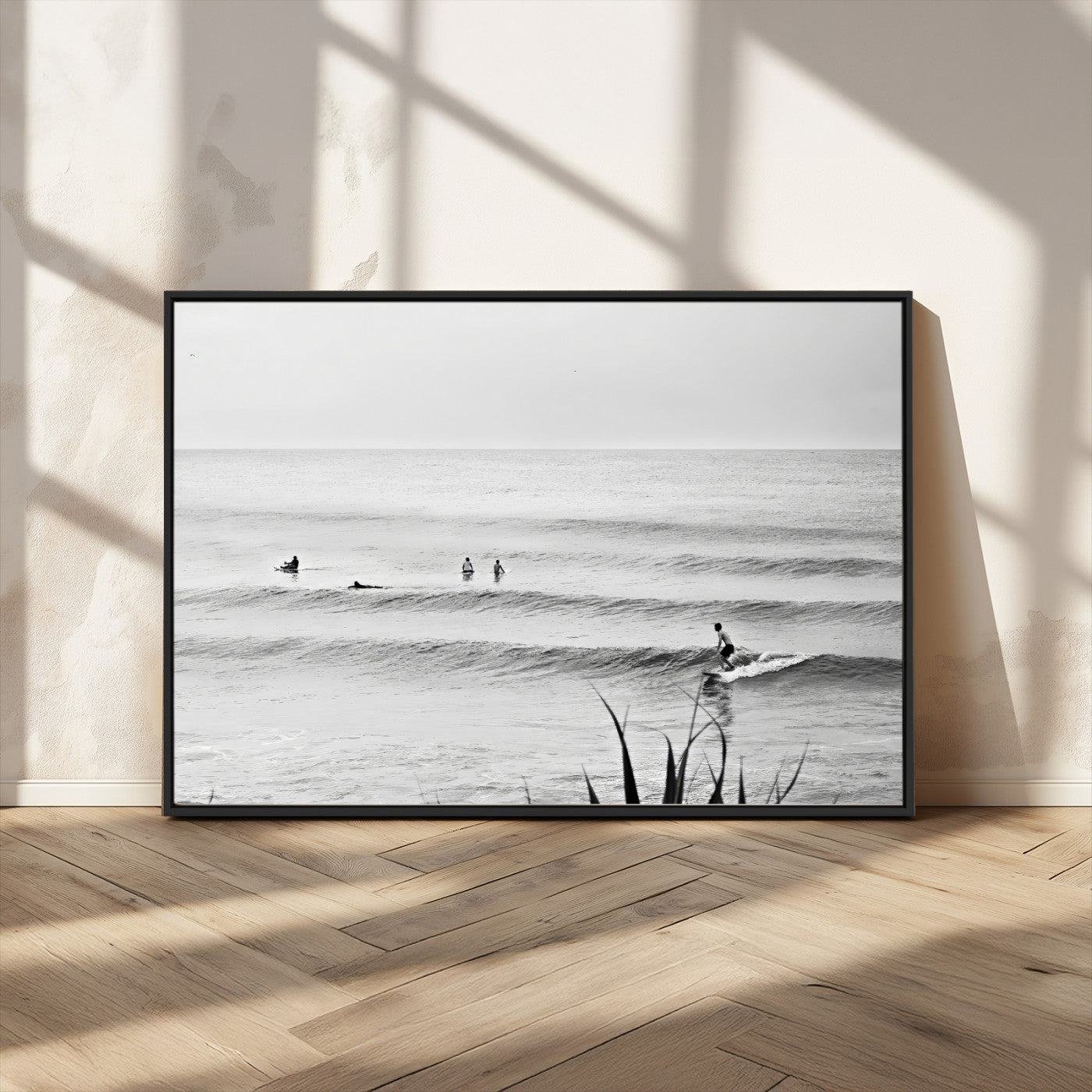 33821421-MGV-CV-36X24-Surfer Silhouette Wall Art – Framed Calm Ocean Canvas Artwork, Monochrome Minimal Design, Modern Coastal Decor for Home, Office