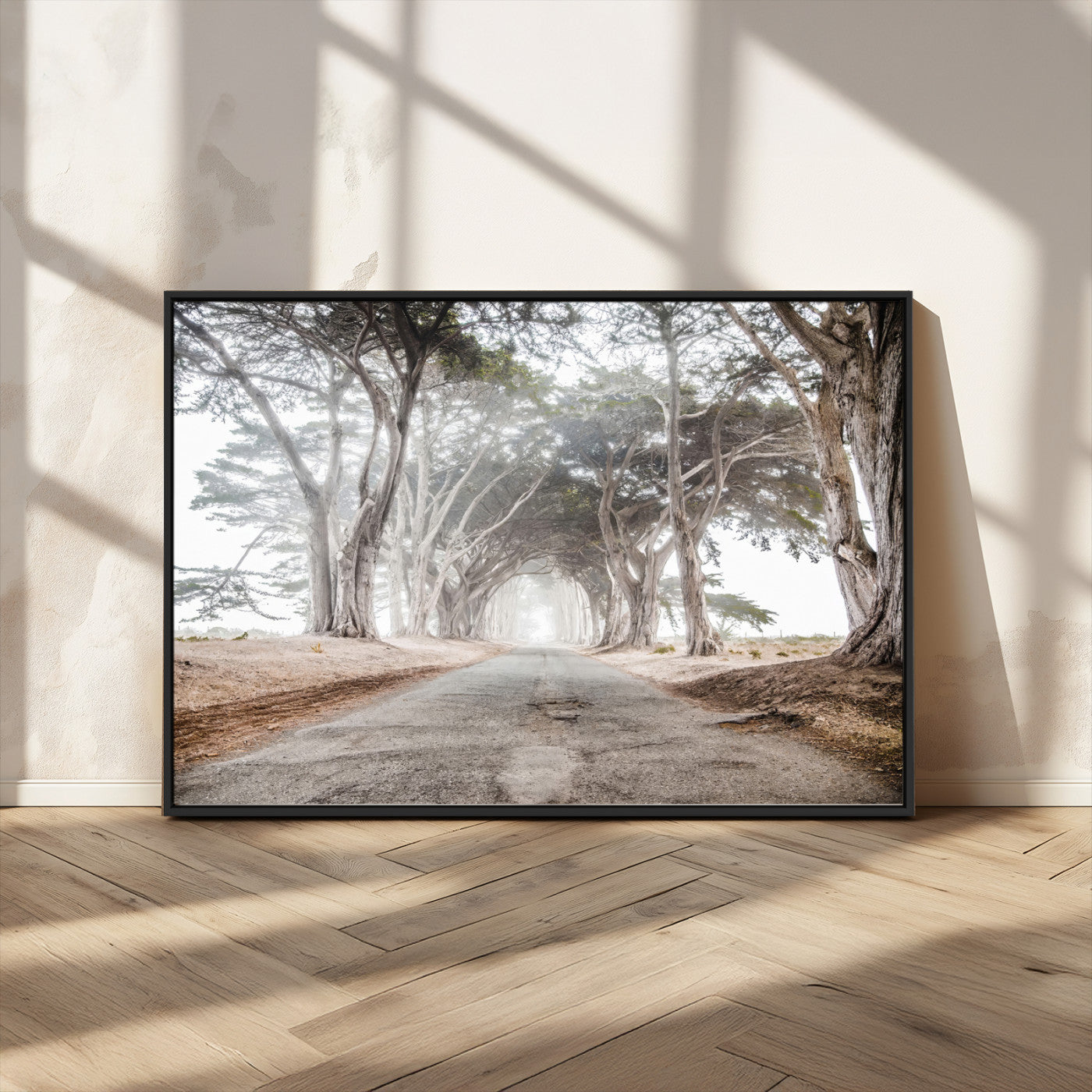 87090469-MGV-CV-36X24-Cypress Tunnel Wall Art – Framed Misty Road Canvas Artwork, Foggy Trees Design, Rustic Woodland Nature Decor for Home, Office