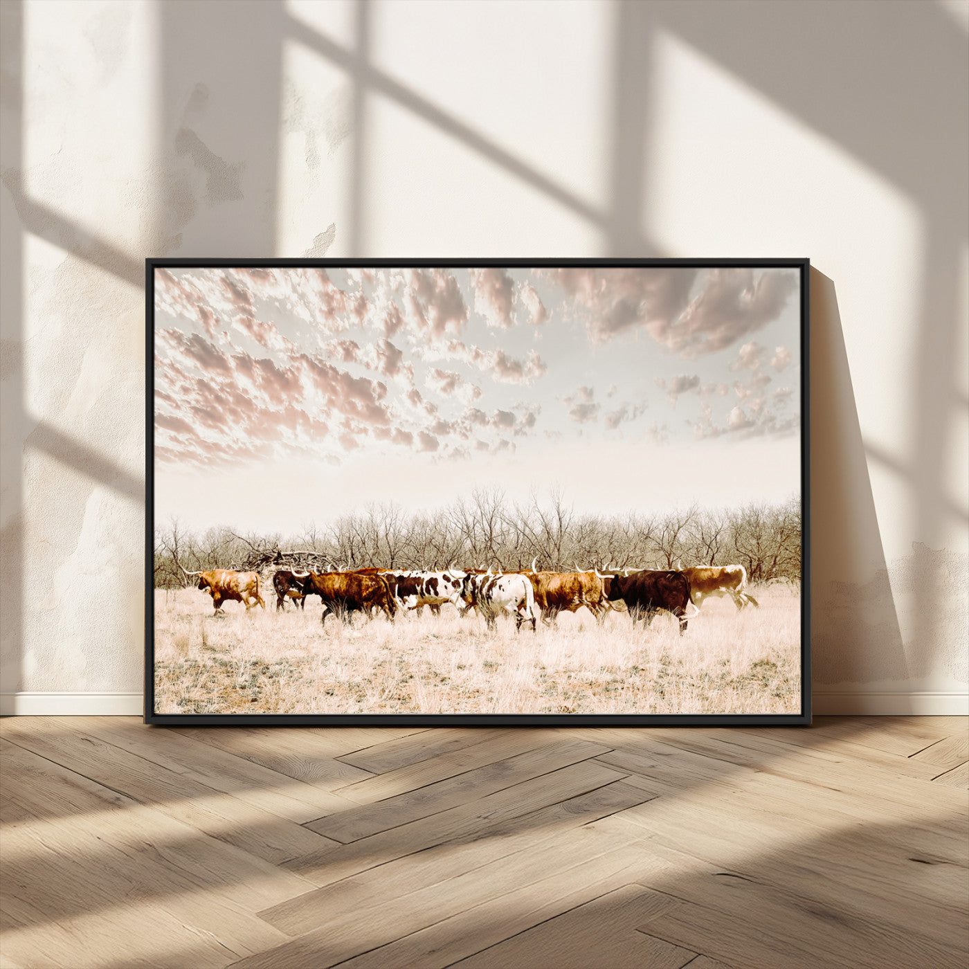 64892775-MGV-CV-36X24-Longhorn Cattle Wall Art Canvas Print – Framed Texas Ranch Scene with Western Cow Artwork for Home, Office