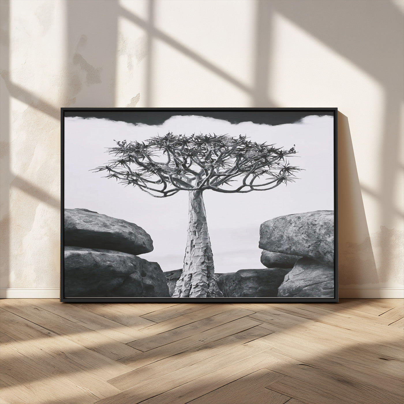 87750525-MGV-CV-36X24-Joshua Tree Wall Art Canvas Print – Framed Desert Tree Art Picture Monochrome Nature Artwork for Home, Office