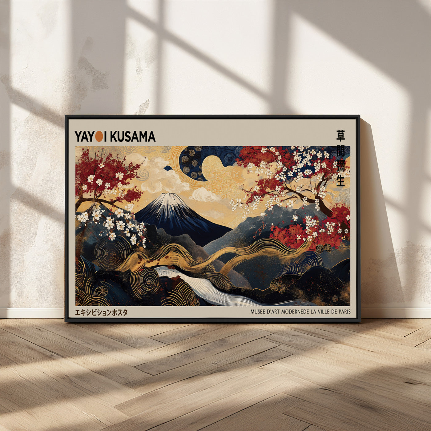 54967195-MGV-FC-36X24_Black-Modern Japanese Wall Art Canvas Print – Framed Abstract Mount Fuji Scene with Yayoi Kusama Japanese Artwork for Home, Office