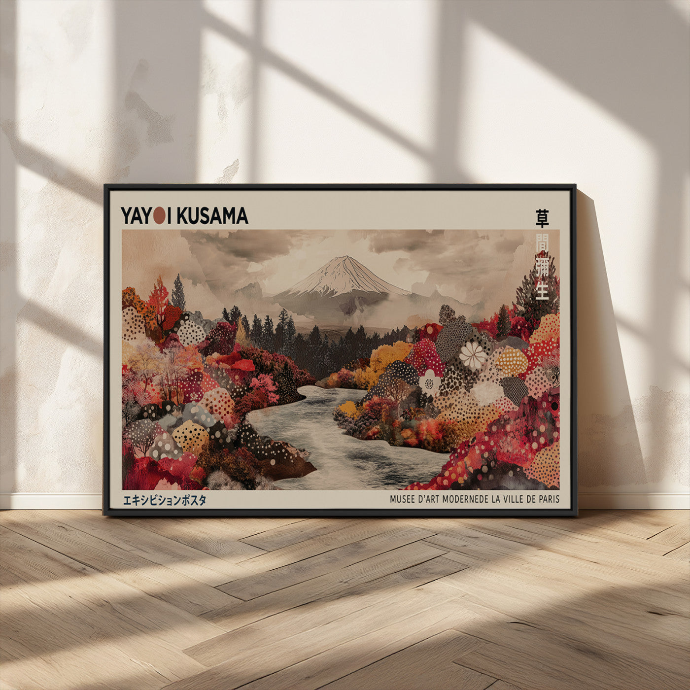 90660838-MGV-CV-36X24-Modern Japanese Wall Art Canvas Print – Framed Abstract Mount Fuji Scene with Yayoi Kusama Artwork for Home, Office
