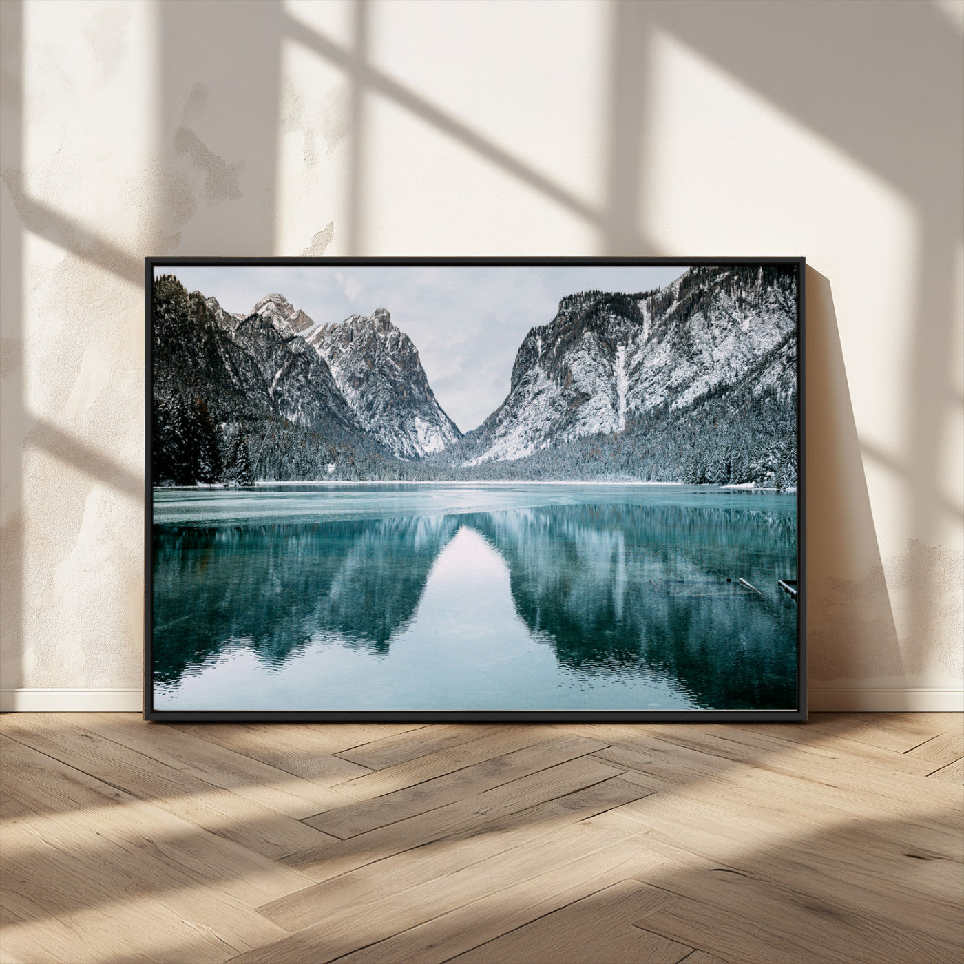 73098373-MGV-CV-36X24-Mountain Lake Wall Art Canvas Print – Framed Snowy Peaks Wonderland Nature Scene Artwork for Home Office