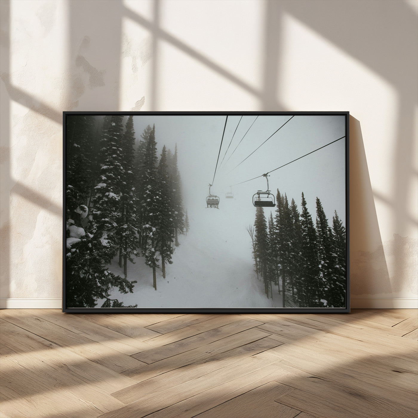87018452-MGV-CV-36X24-Ski Lift Wall Art Canvas Print – Snowy Pines Misty Landscape Winter Serenity Artwork for Home, Office Decor