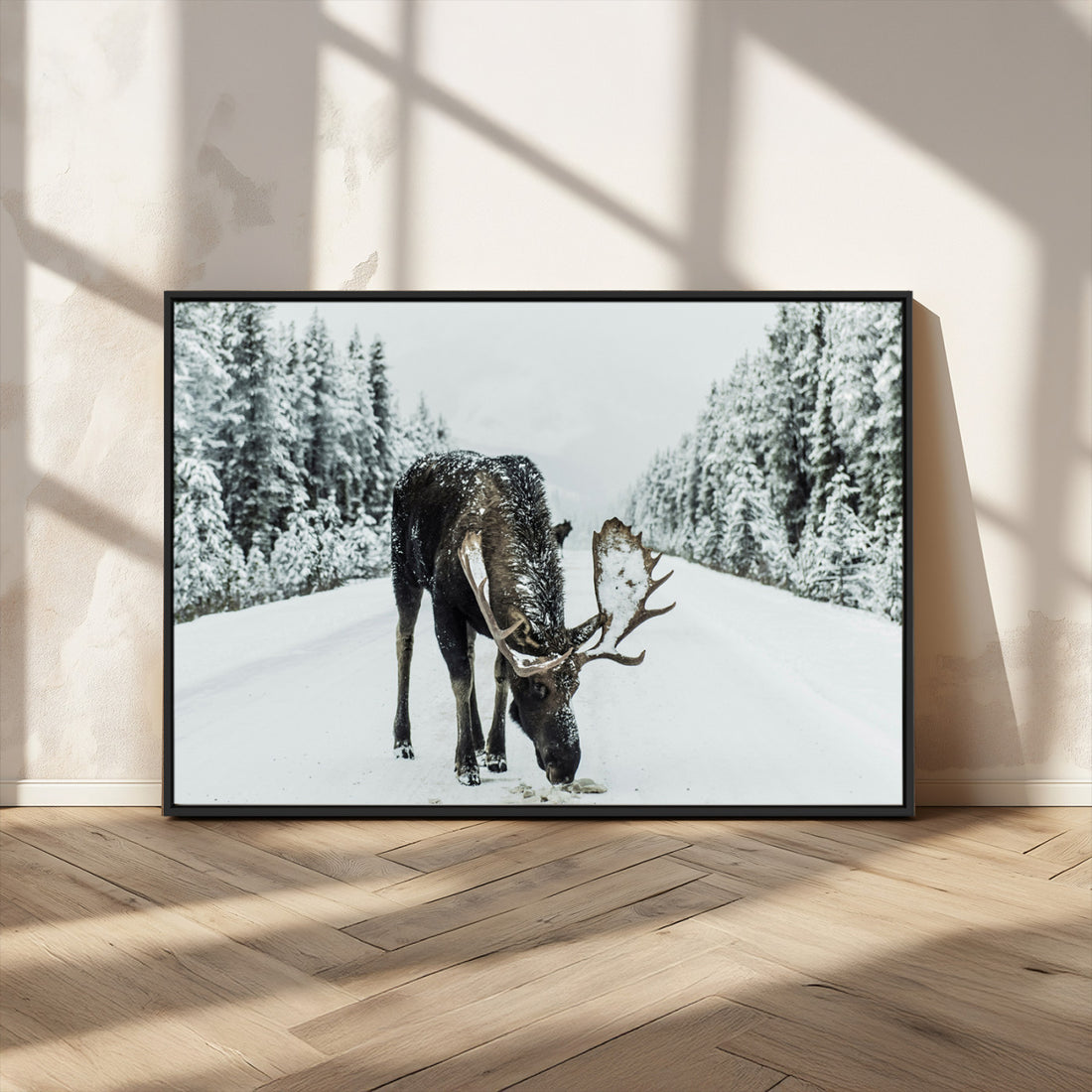 Moose in Snow Wall Art Canvas Print, Framed Winter Wildlife Art, Snowy Forest Rustic Lodge Decor