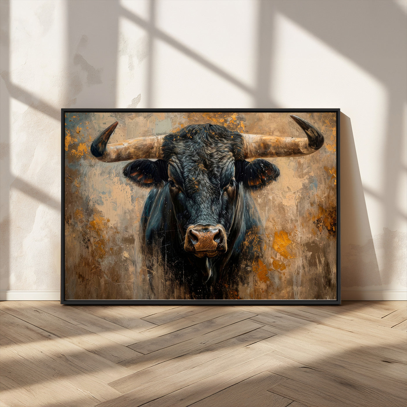91615410-MGV-CV-36X24 - Abstract Texas Longhorn Bull Wall Art – Rustic Farmhouse Canvas Print, Western Cabin Style Decor, Large Animal Artwork for Living Room or Office
