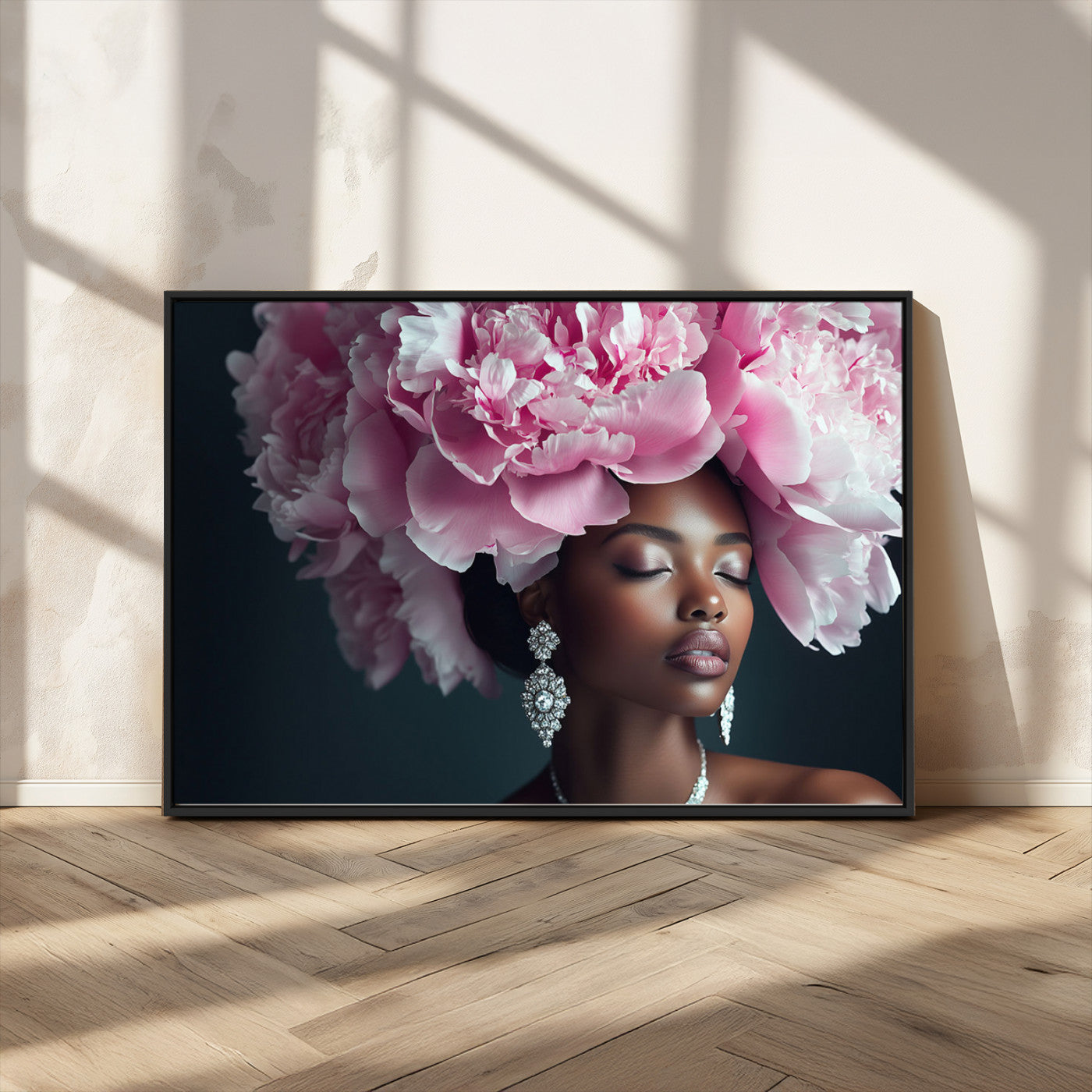 35482880-MGV-FC-36X24_Black-Black Beauty Petal Crown Wall Art Canvas Print – Floral Petal Headpiece Elegant Design, Petal Inspired Artwork for Home, Office