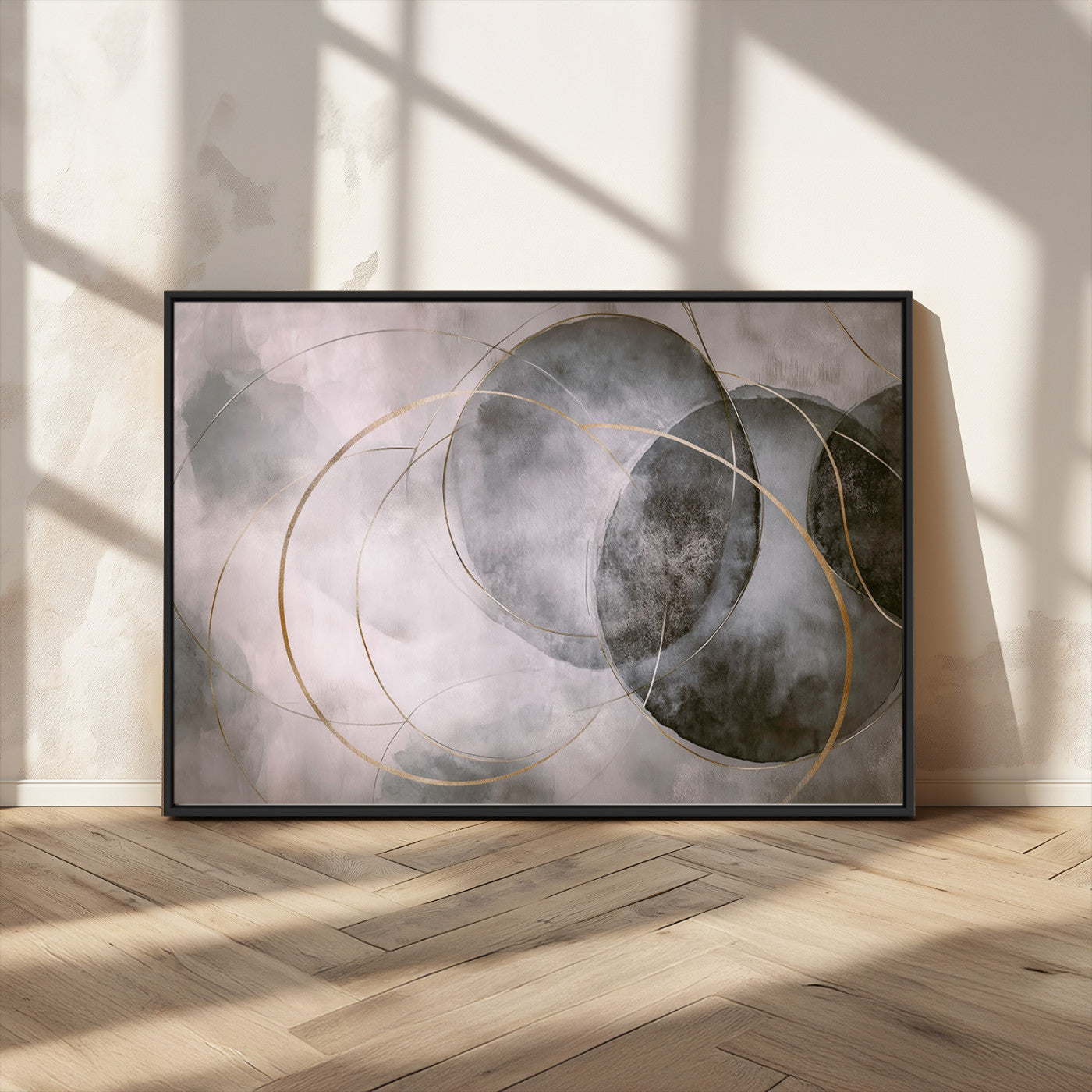 20066876-MGV-CV-36X24-Abstract Grey Gold Circle Wall Art – Modern Geometric Canvas Artwork, Minimal Elegant Design, Luxury Wall Decor for Home, Office