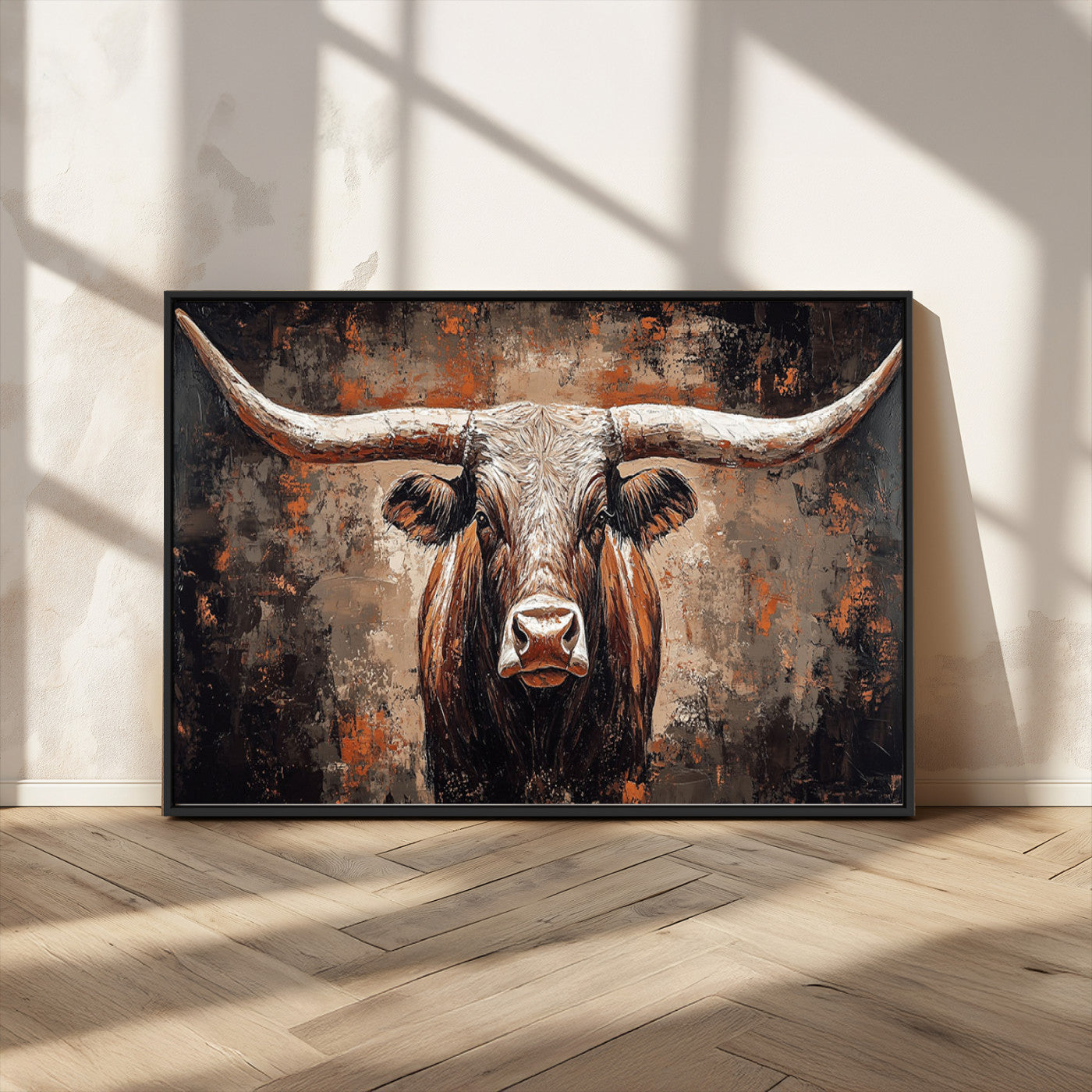 42732393-MGV-CV-36X24-Rustic Longhorn Bull Wall Art Canvas Print – Vintage Western Cattle Scene, Texas Steer Artwork for Home, Office
