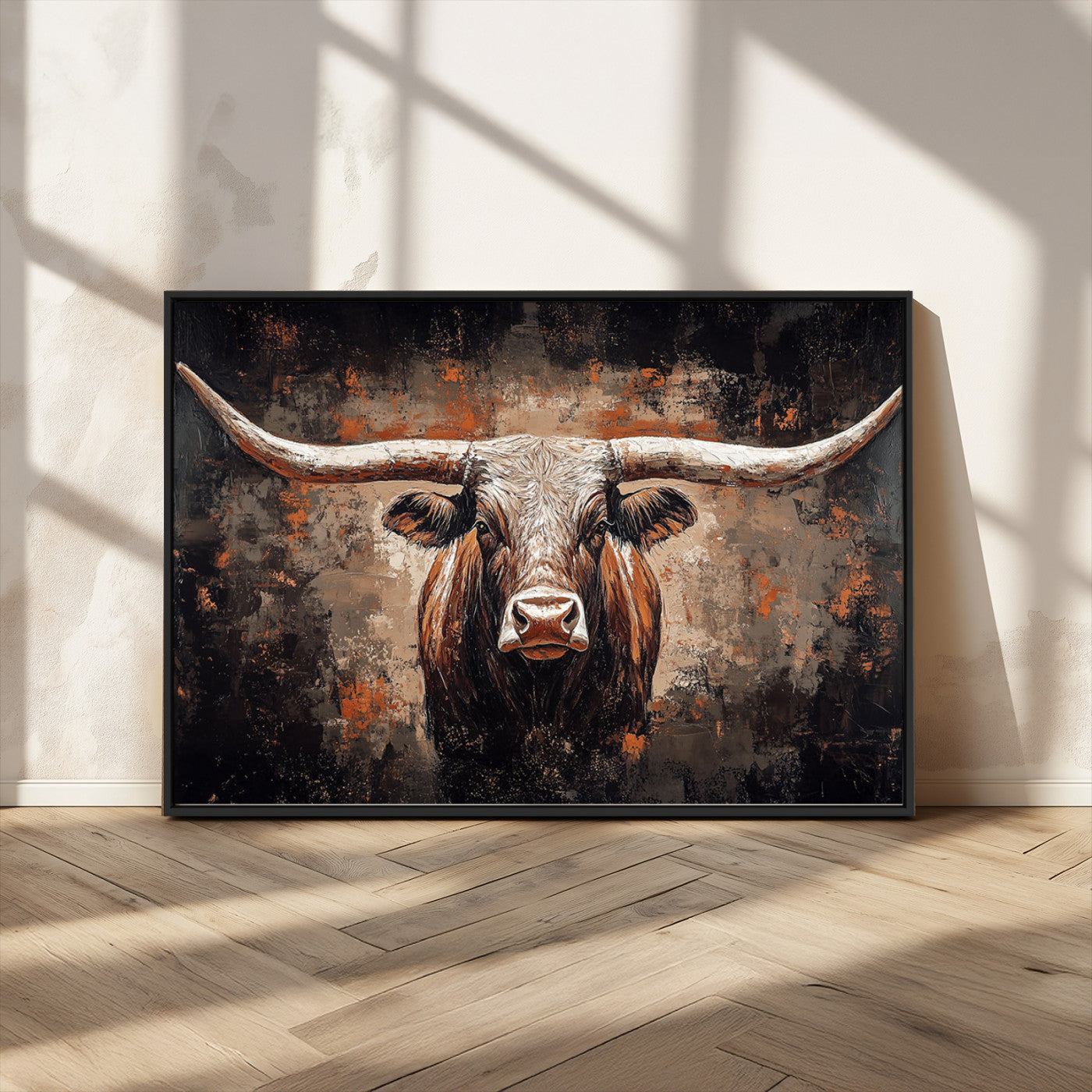 24779067-MGV-CV-36X24-Rustic Longhorn Bull Wall Art Canvas Print – Vintage Western Cattle Scene, Texas Steer Artwork for Home, Office