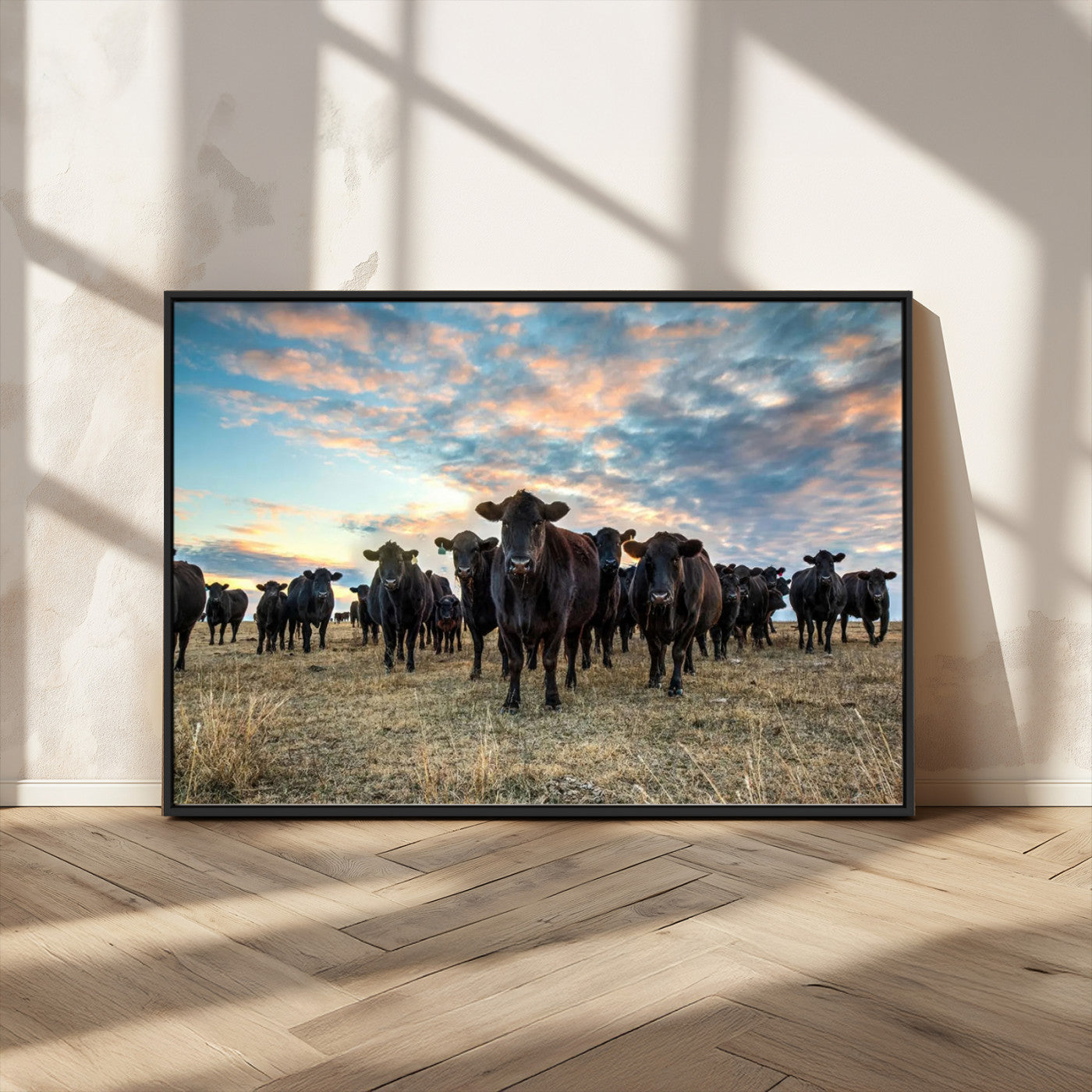 13867292-MGV-FC-36X24_Black-Texas Longhorn Cattle Wall Art Canvas Print – Rustic Western Ranch Scene with Steers Sunset for Home, Office