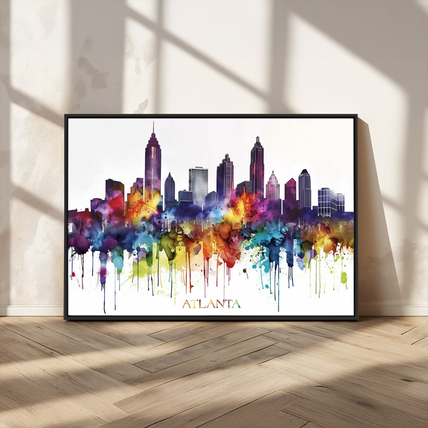 36048320-MGV-CV-36X24-Atlanta Skyline Wall Art Canvas Print – Framed Colorful Watercolor Cityscape Abstract Urban Artwork for Home, Office