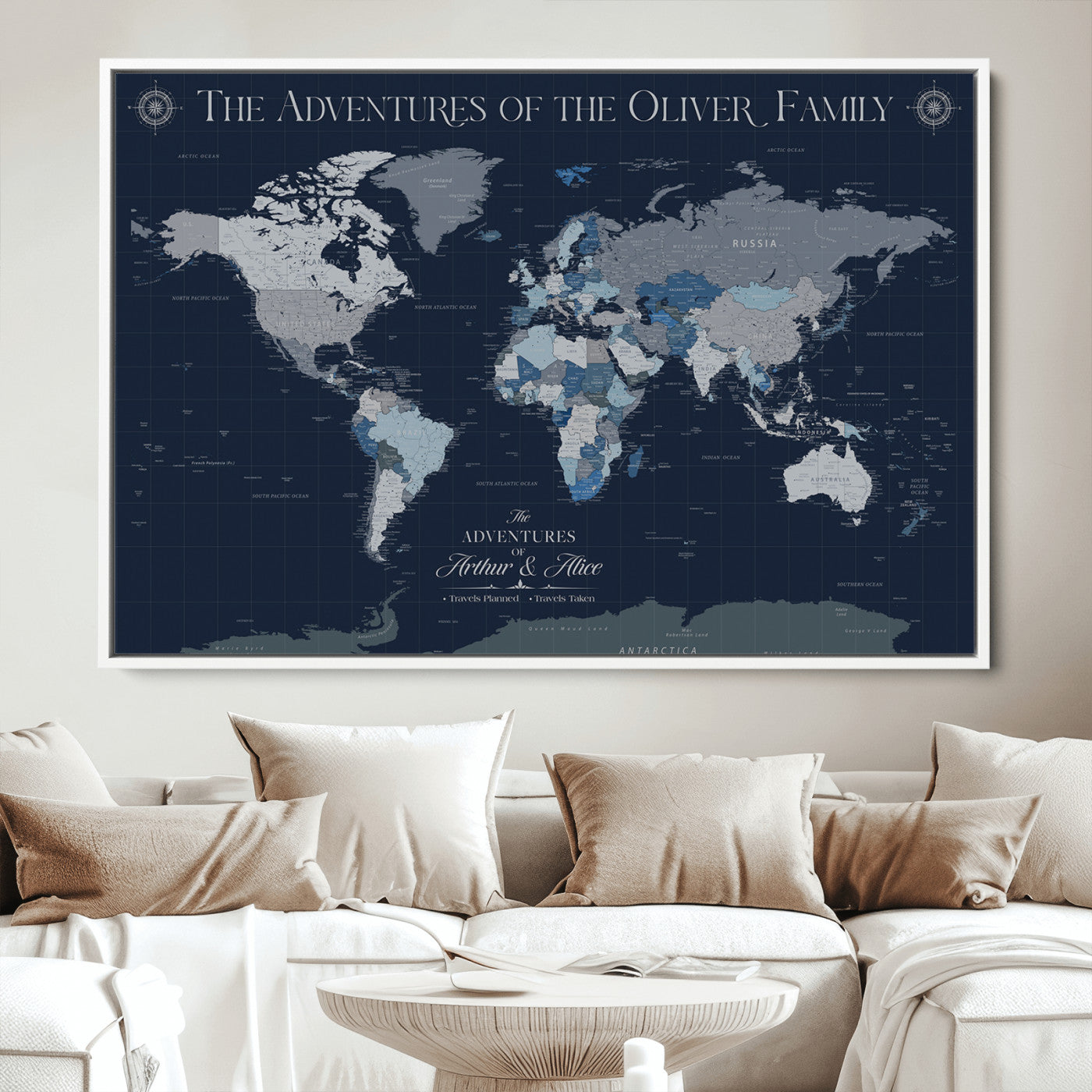 -Personalized Family Adventure World Map – Custom Framed Push Pin Travel Tracker Canvas, Elegant Wall Art for Home, Office