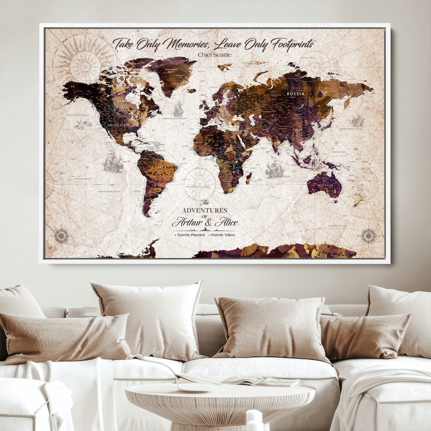 -Personalized World Map Canvas – Custom Framed Push Pin Travel Tracker, Elegant Wall Art Gift for Couples for Home, Office