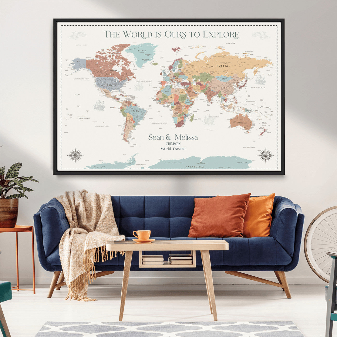 Rehber01-MGV-CV-36X24-Custom Push Pin World Map Wall Art Canvas Print – Personalized Travel Tracker with Pins Framed Large for home, office