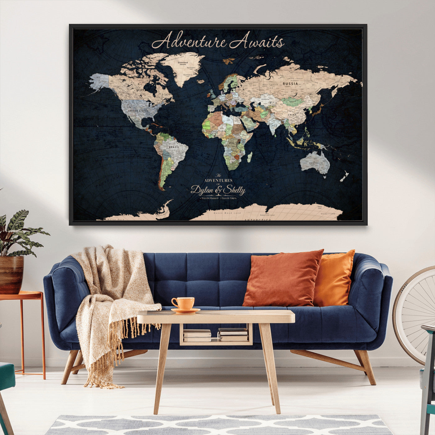 Rehber01-MGV-CV-36X24-Personalized World Map Canvas Print – Framed Push Pin Travel Wall Art for Couples – Adventure & Anniversary Gift
