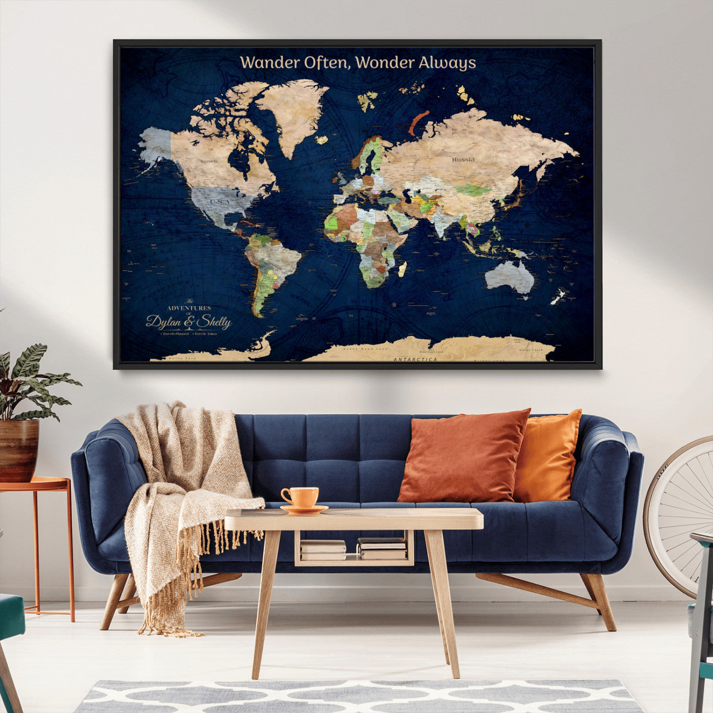 Rehber01-MGV-CV-36X24-Personalized World Map Canvas – Custom Framed Push Pin Travel Map Wall Art, Navy Blue Vintage Gift for Couples and Adventurers