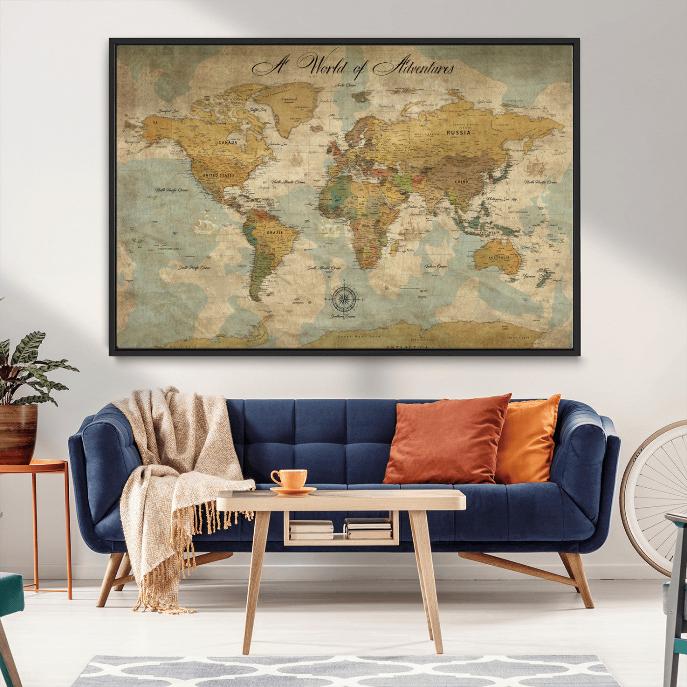 Rehber01-MGV-CV-36X24-Personalized World Map Canvas – Custom Framed Push Pin Travel Map Wall Art, Vintage Style Gift for Couples or Families