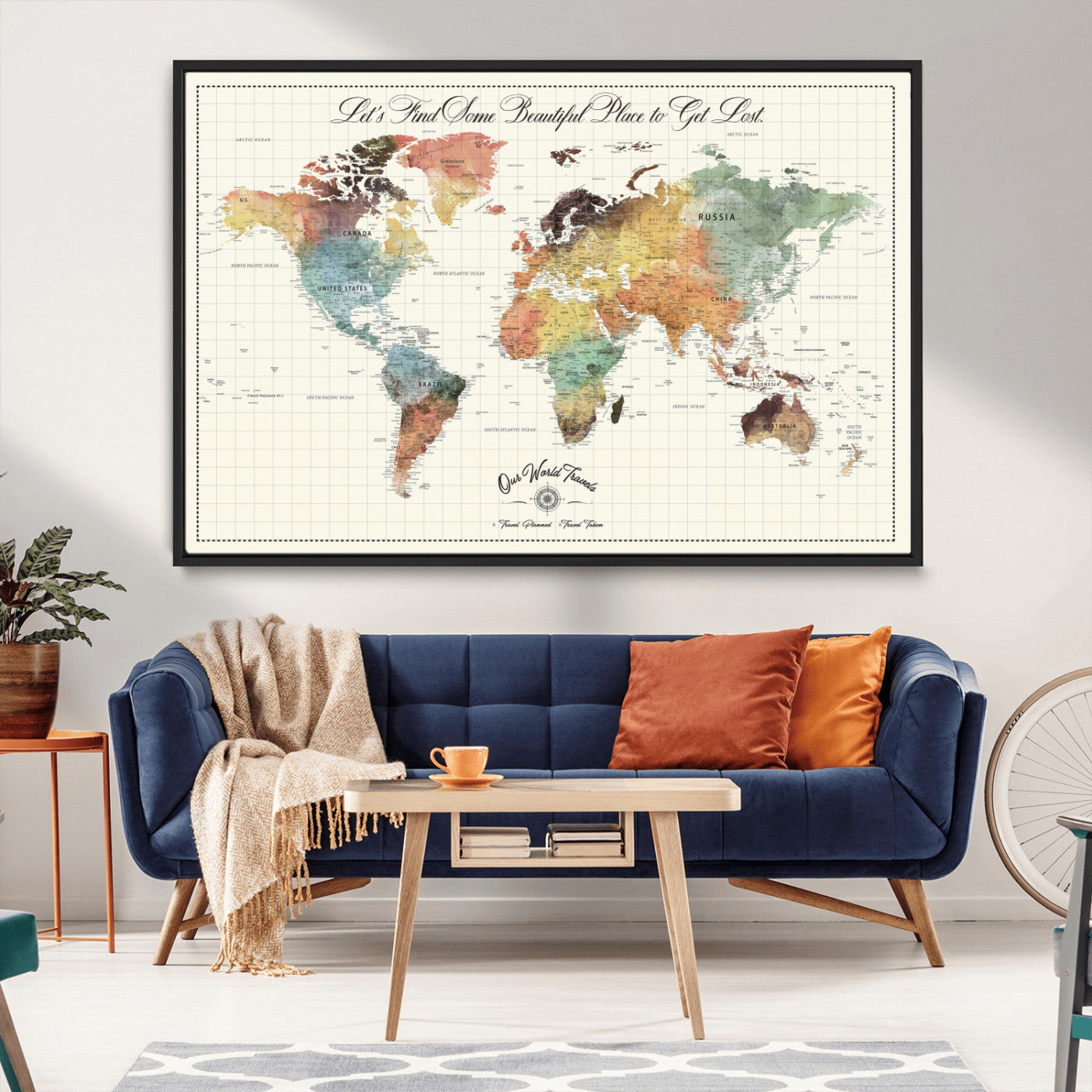 -Personalized Push Pin World Map Canvas Print – Custom Adventure Travel Tracker Map, Framed Wall Art Gift for Couples or Family