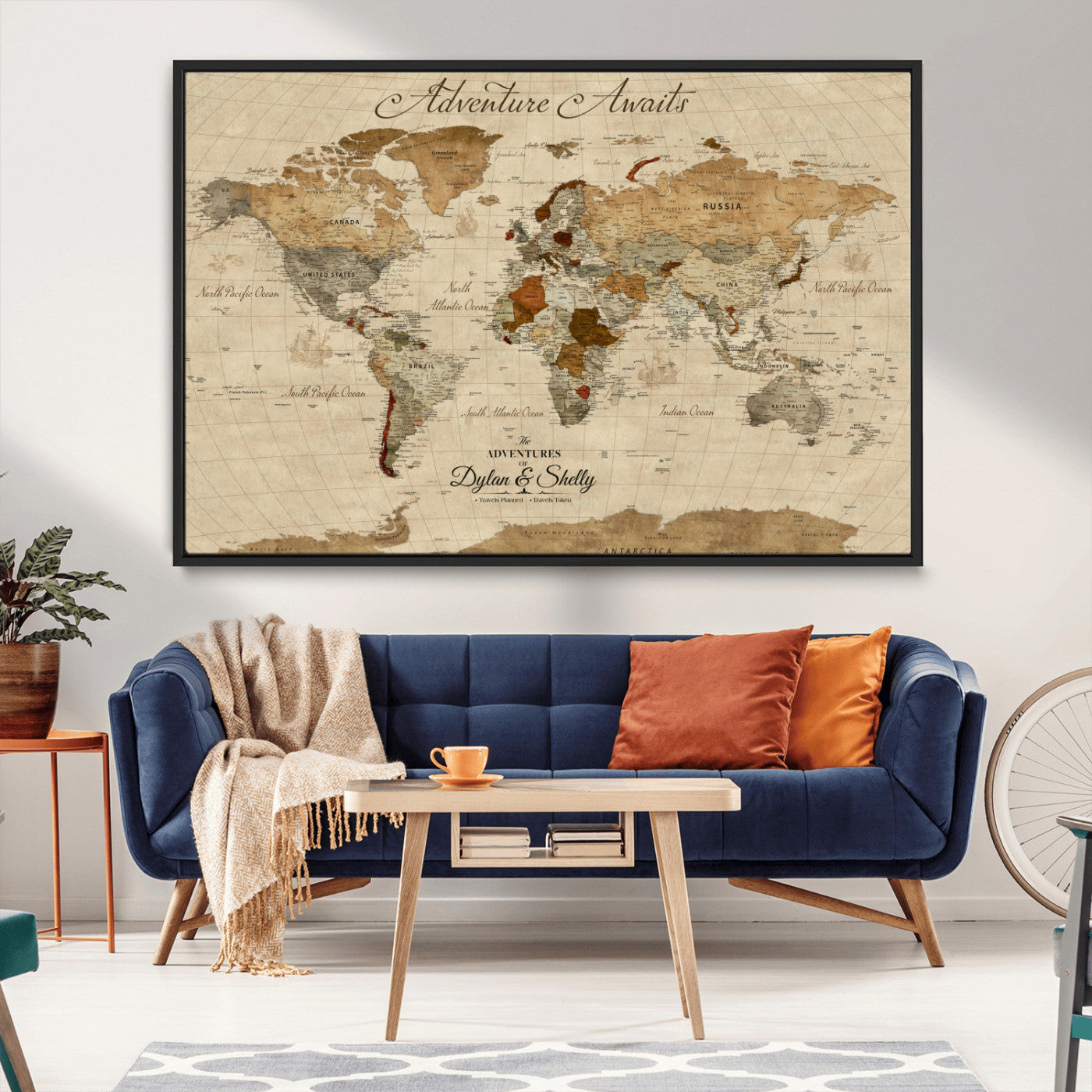 Rehber01-MGV-CV-36X24-Personalized World Map Canvas – Custom Framed Push Pin Travel Map Wall Art with Names, Vintage Style Gift for Couples