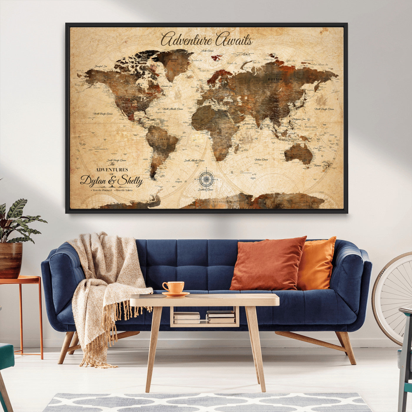 Rehber01-MGV-CV-36X24-Personalized World Map Canvas Wall Art – Custom Framed Push Pin Travel Tracker Print, Unique Gift for Home or Office Decor